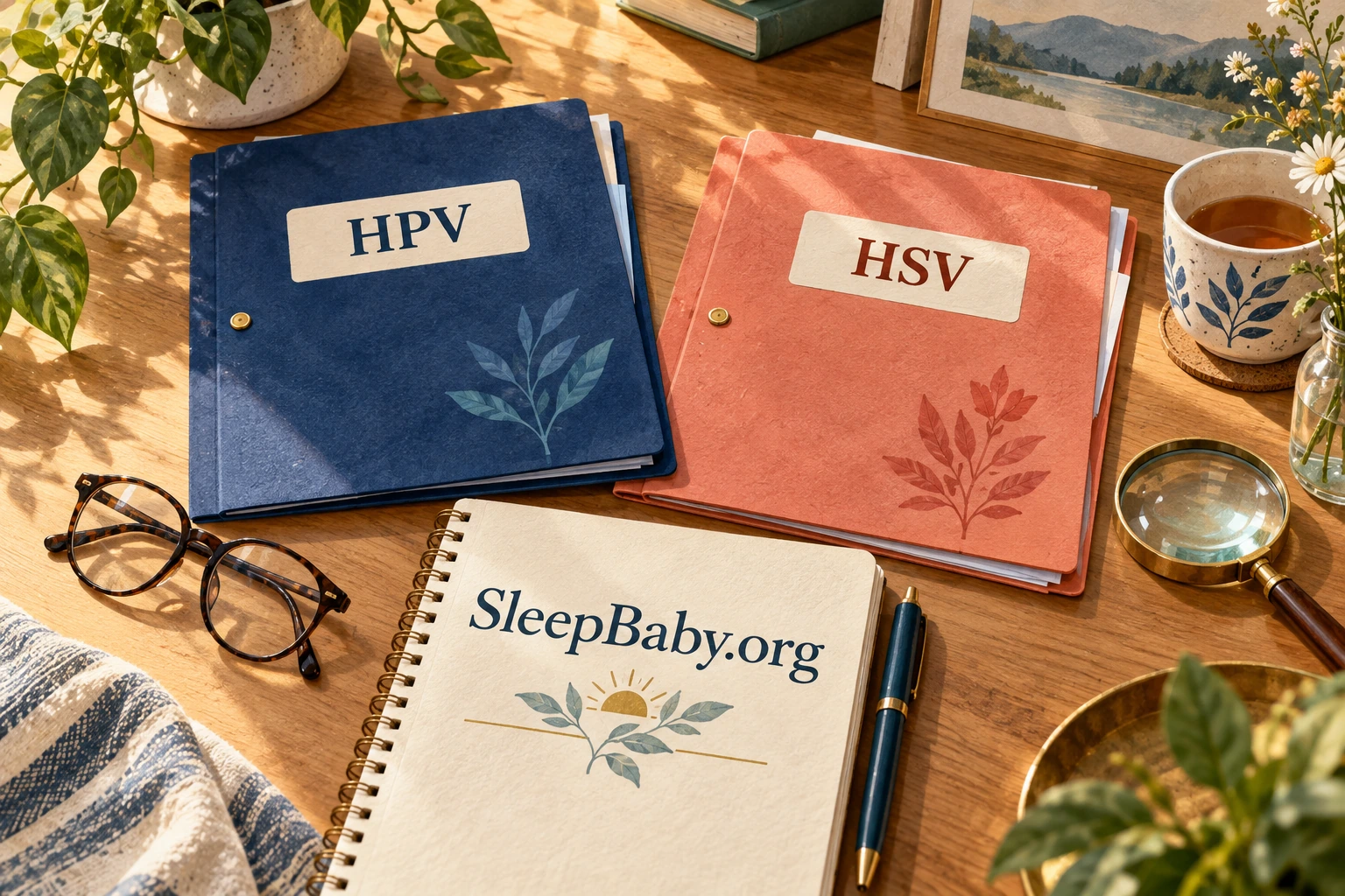 Separate blue HPV and coral HSV folders beside a reference notebook.