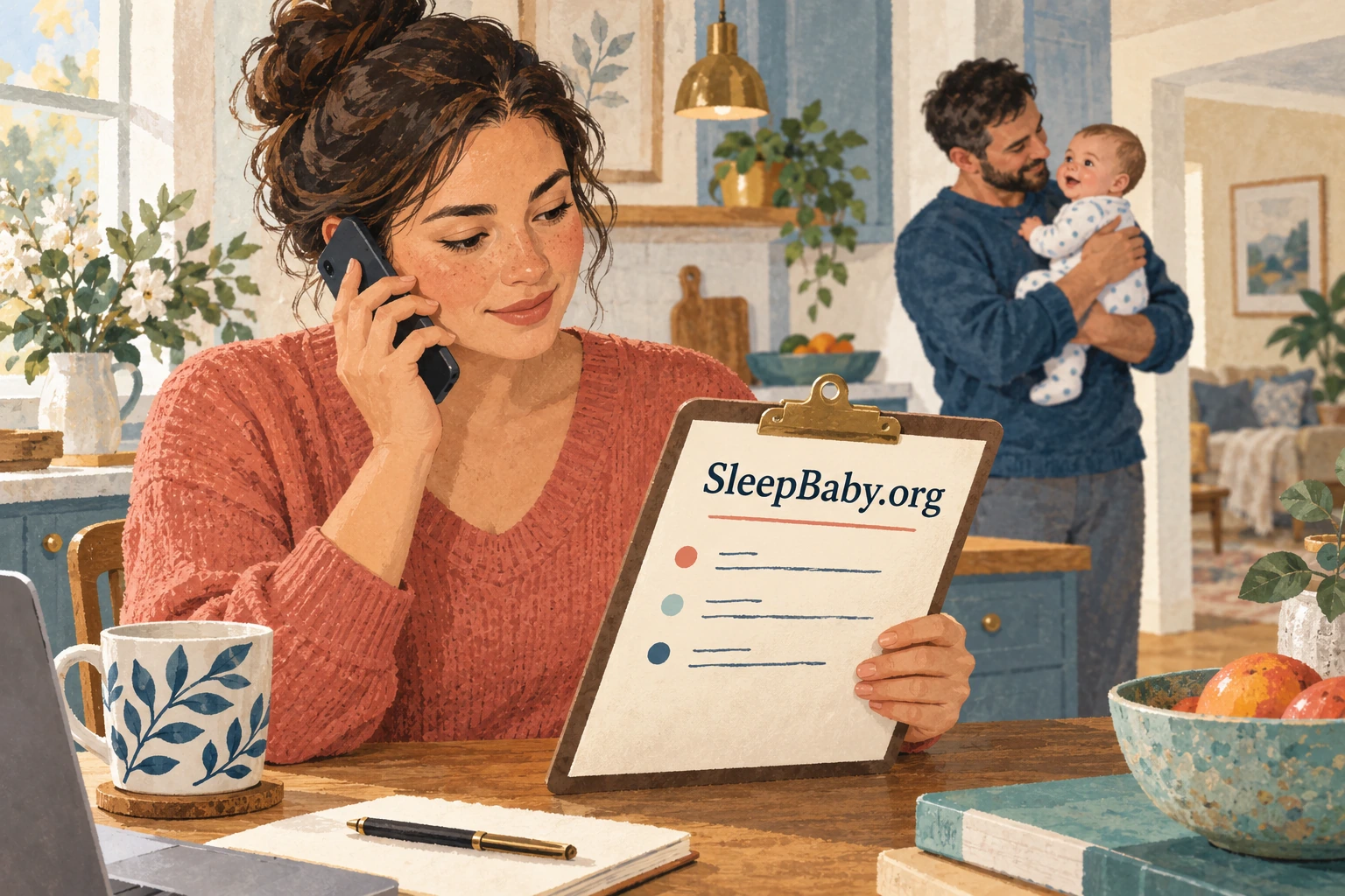 A parent consults a question list while speaking on the phone; another caregiver holds an awake baby.