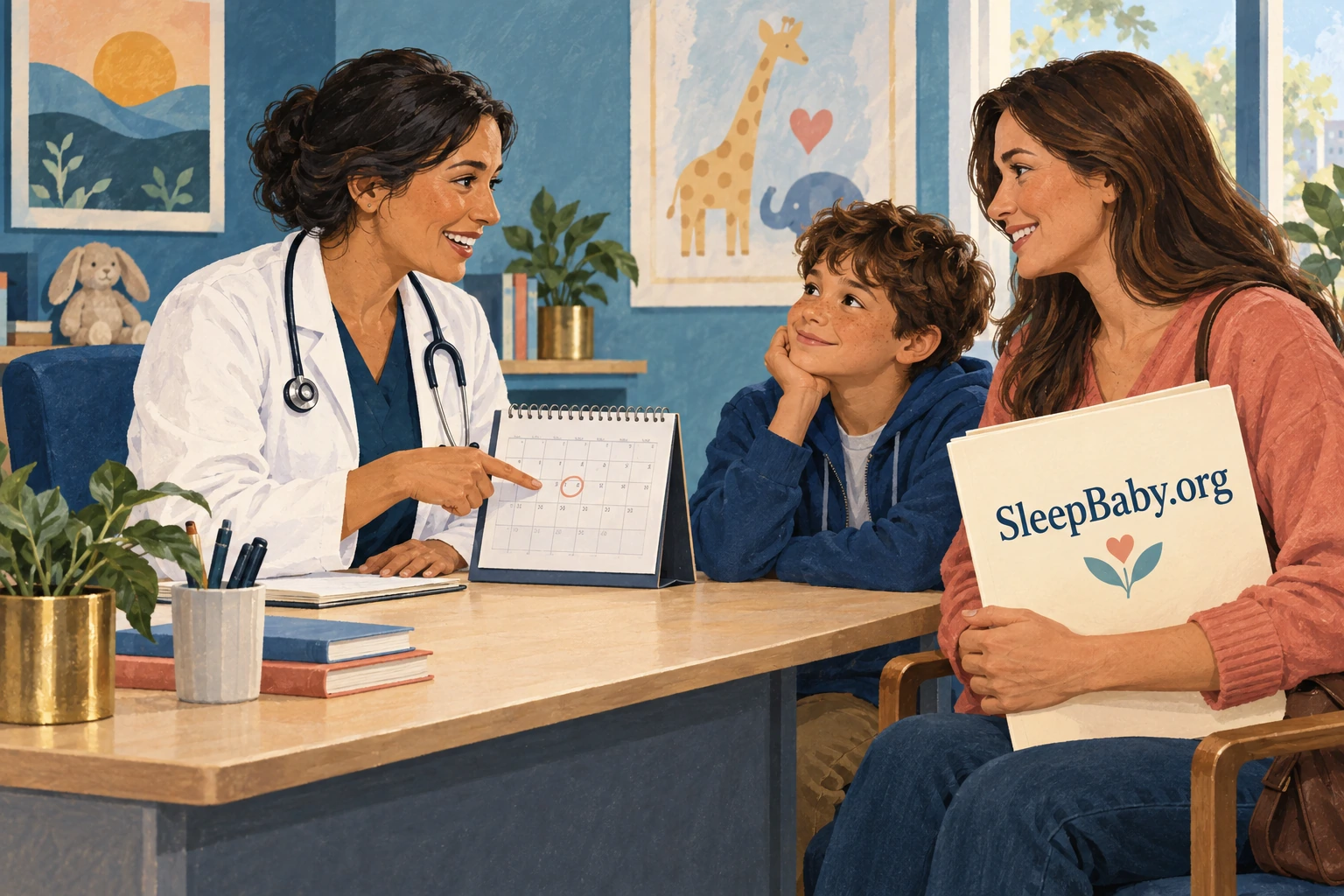 A parent and school-age child discuss an appointment calendar with a clinician.