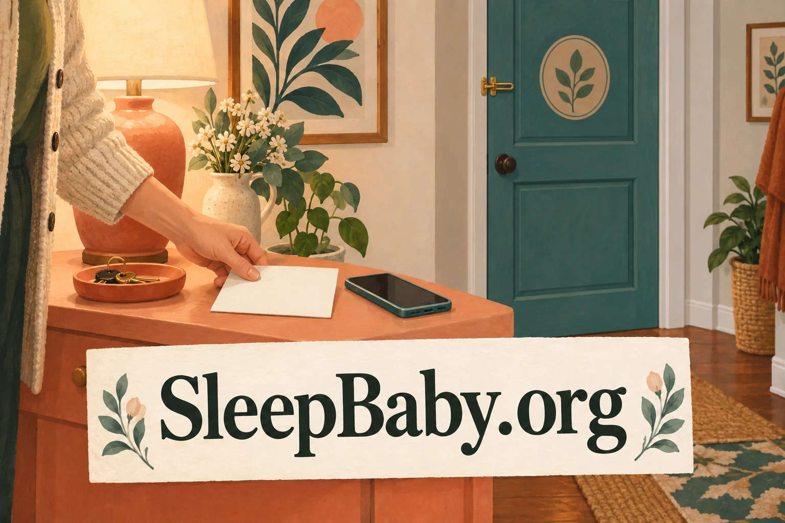 Adult placing a blank care note beside a phone near a closed teal door. SleepBaby.org illustration.