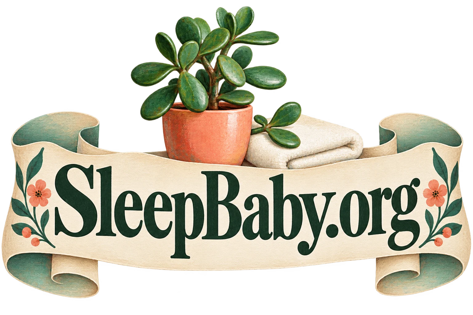 Jade plant coral pot and folded cloth on an ivory ribbon. SleepBaby.org illustration.
