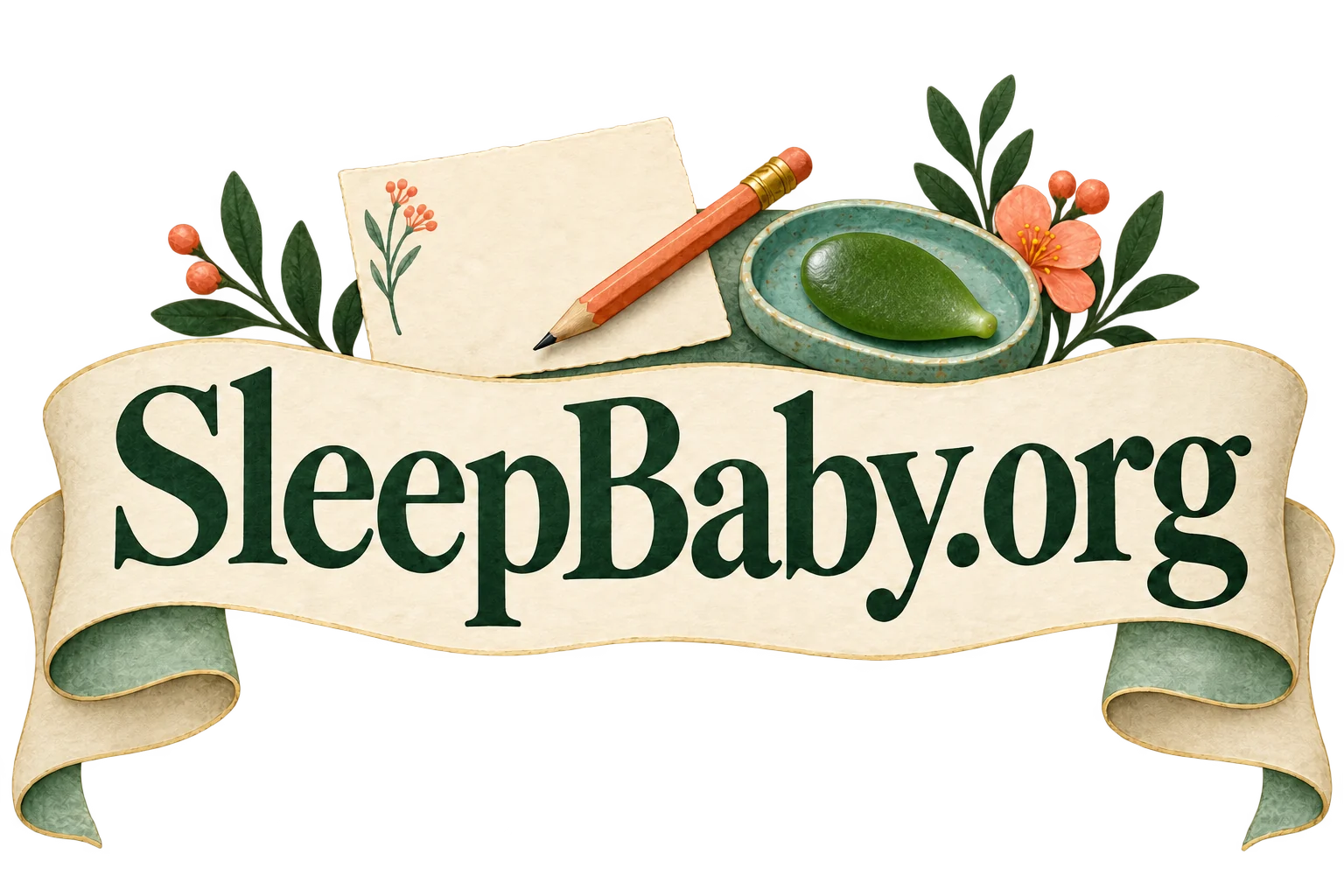 Blank care note pencil and oval jade leaf on a teal tray above a ribbon. SleepBaby.org illustration.