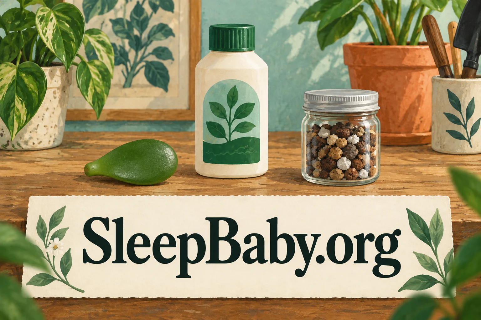 Fleshy oval jade leaf closed plant-care bottle and jar of potting gravel. SleepBaby.org illustration.