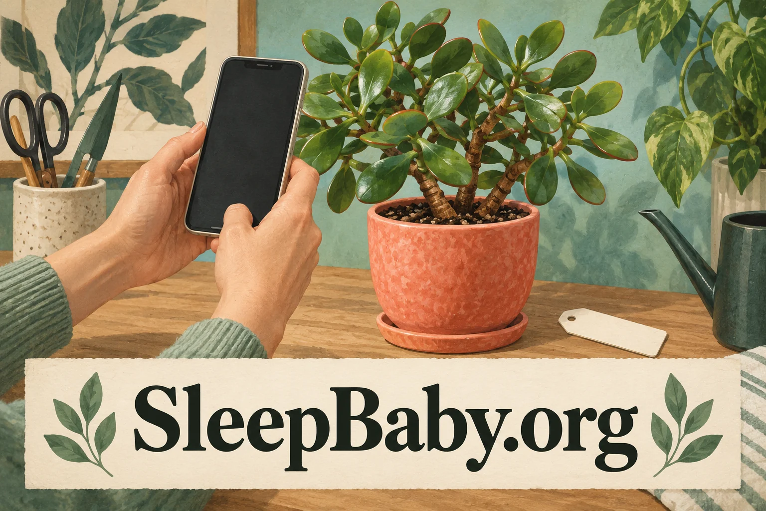 Adult hands holding a phone beside a jade plant and blank nursery tag. SleepBaby.org illustration.