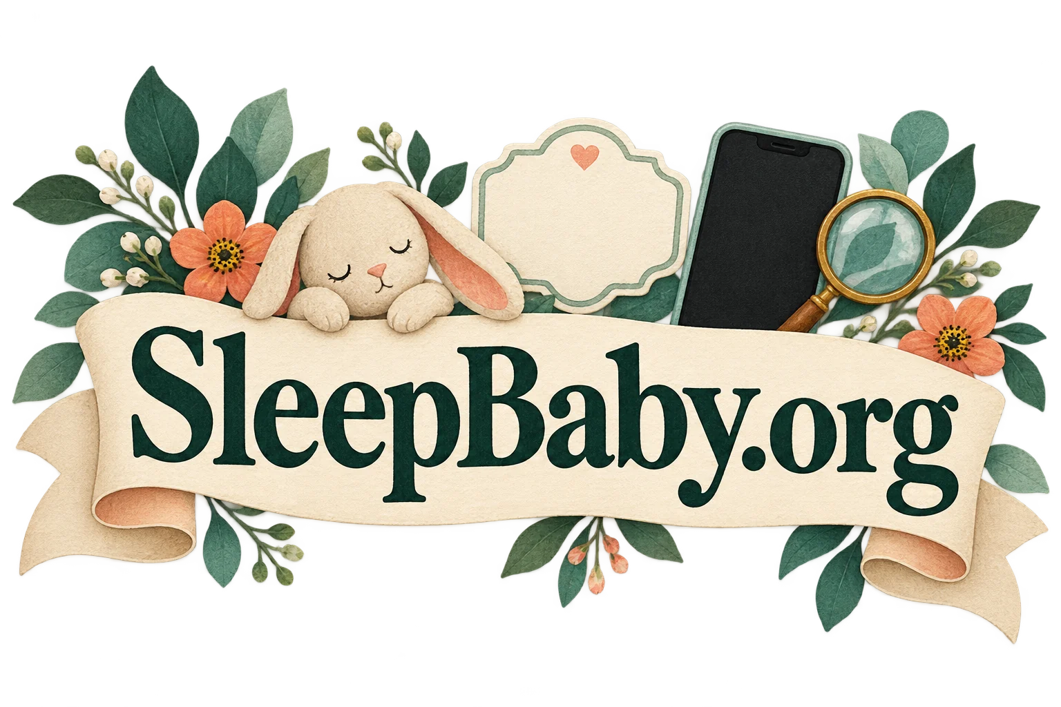 Blank tag phone magnifier and small decorative bunny on a botanical ribbon. SleepBaby.org illustration.