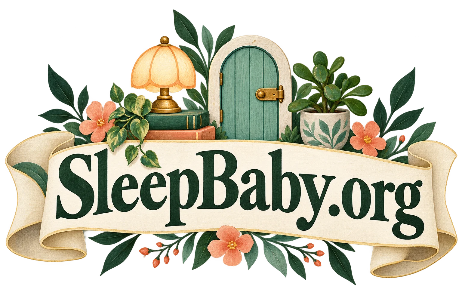 Miniature closed teal door lamp and potted jade on an ivory ribbon. SleepBaby.org illustration.