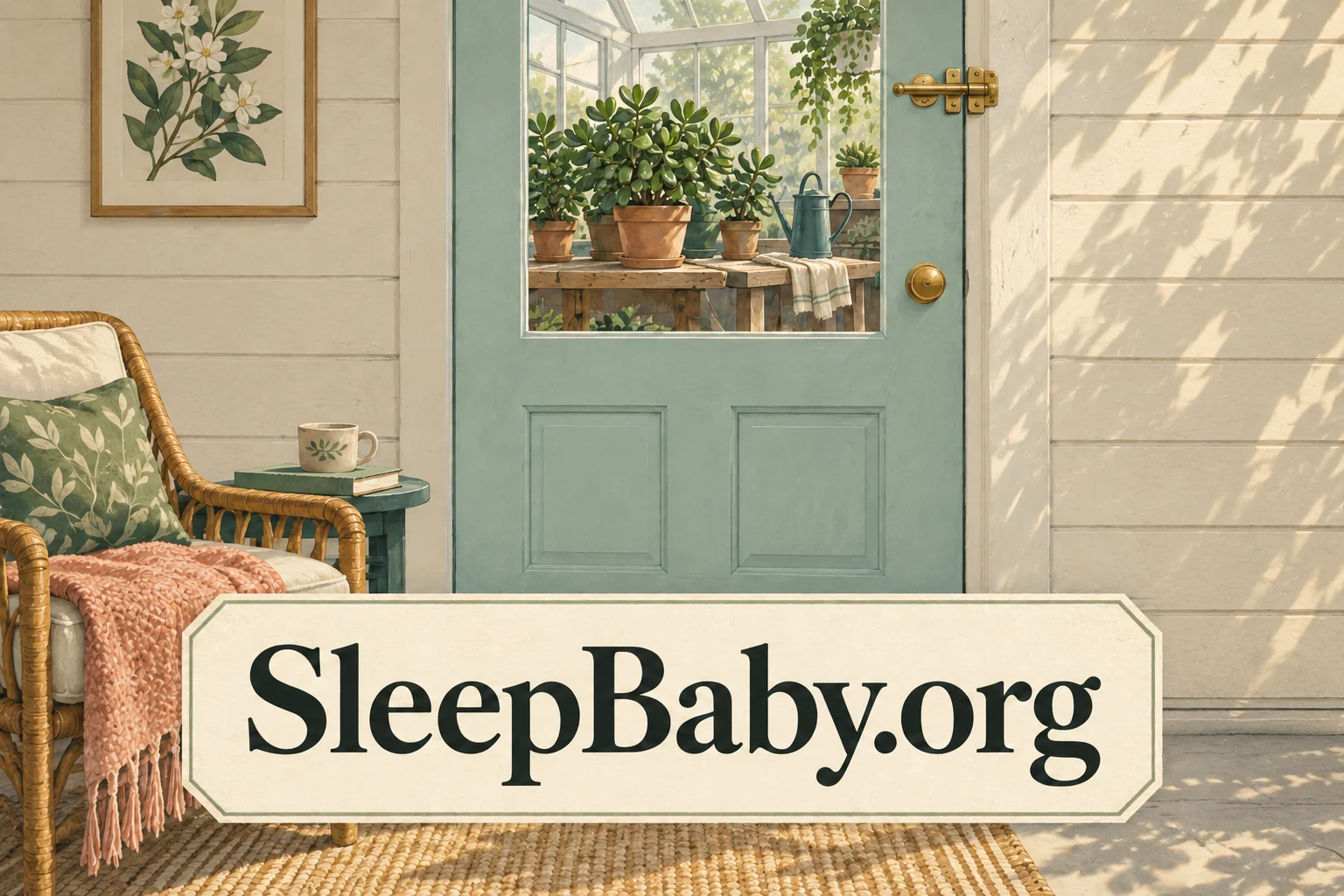 Closed latched teal door with plants visible only inside the sunroom. SleepBaby.org illustration.