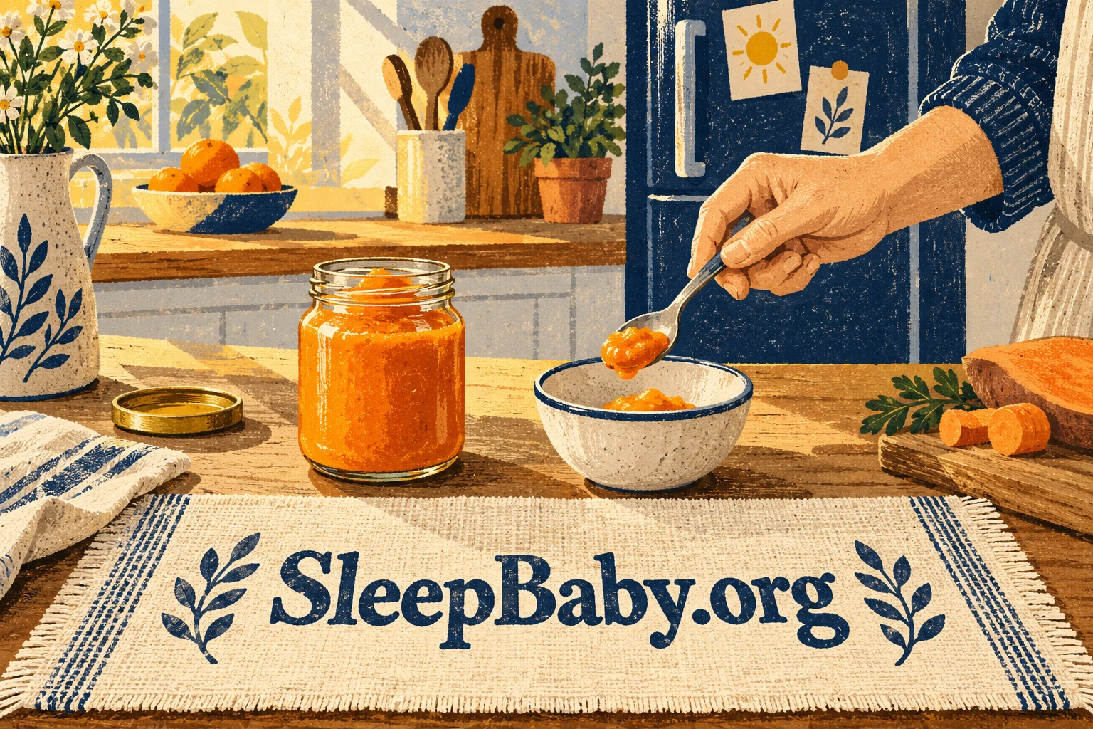 A clean spoon transfers a little orange purée from a jar into a separate bowl.