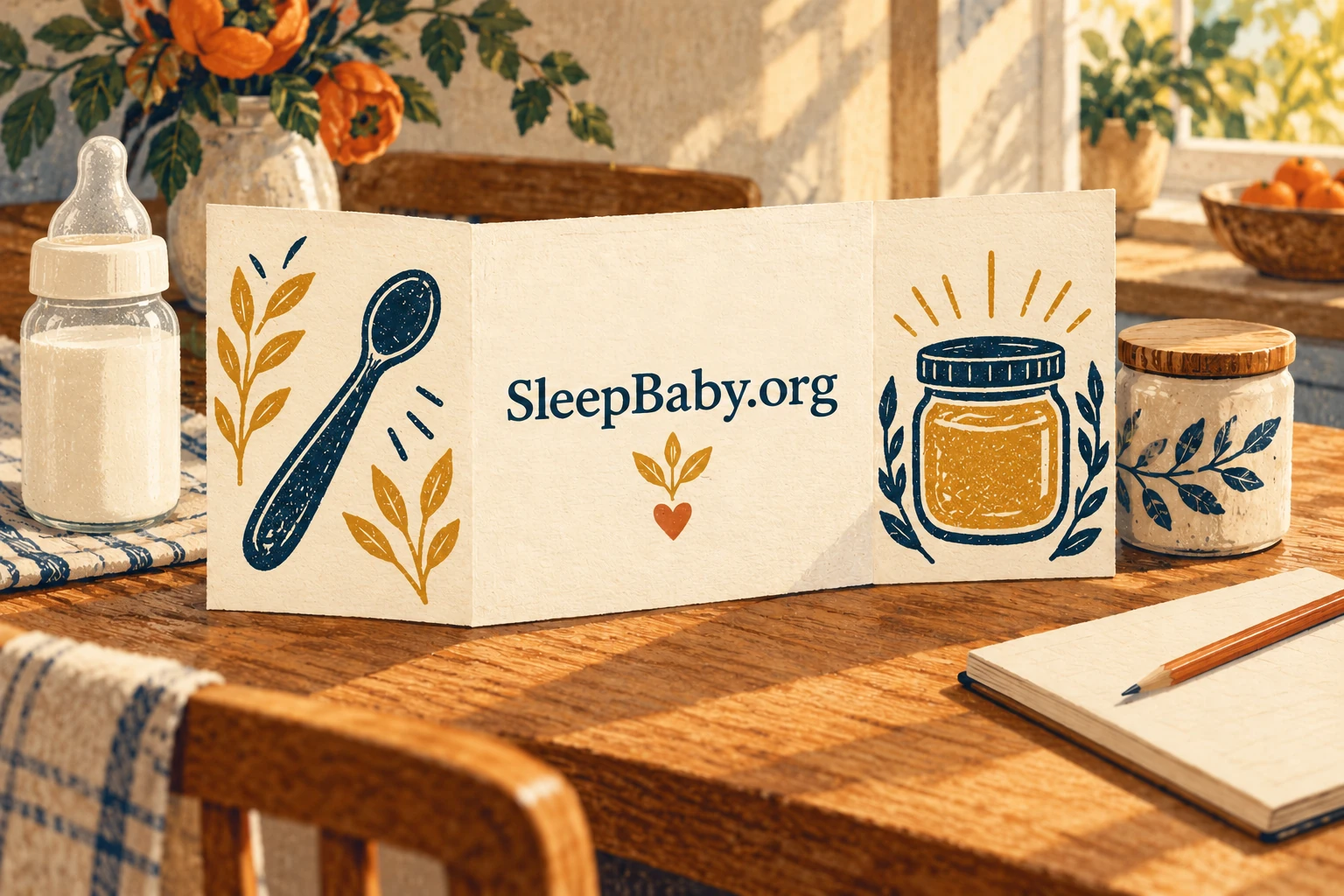 An illustrated feeding note beside a capped bottle, closed jar and notebook.