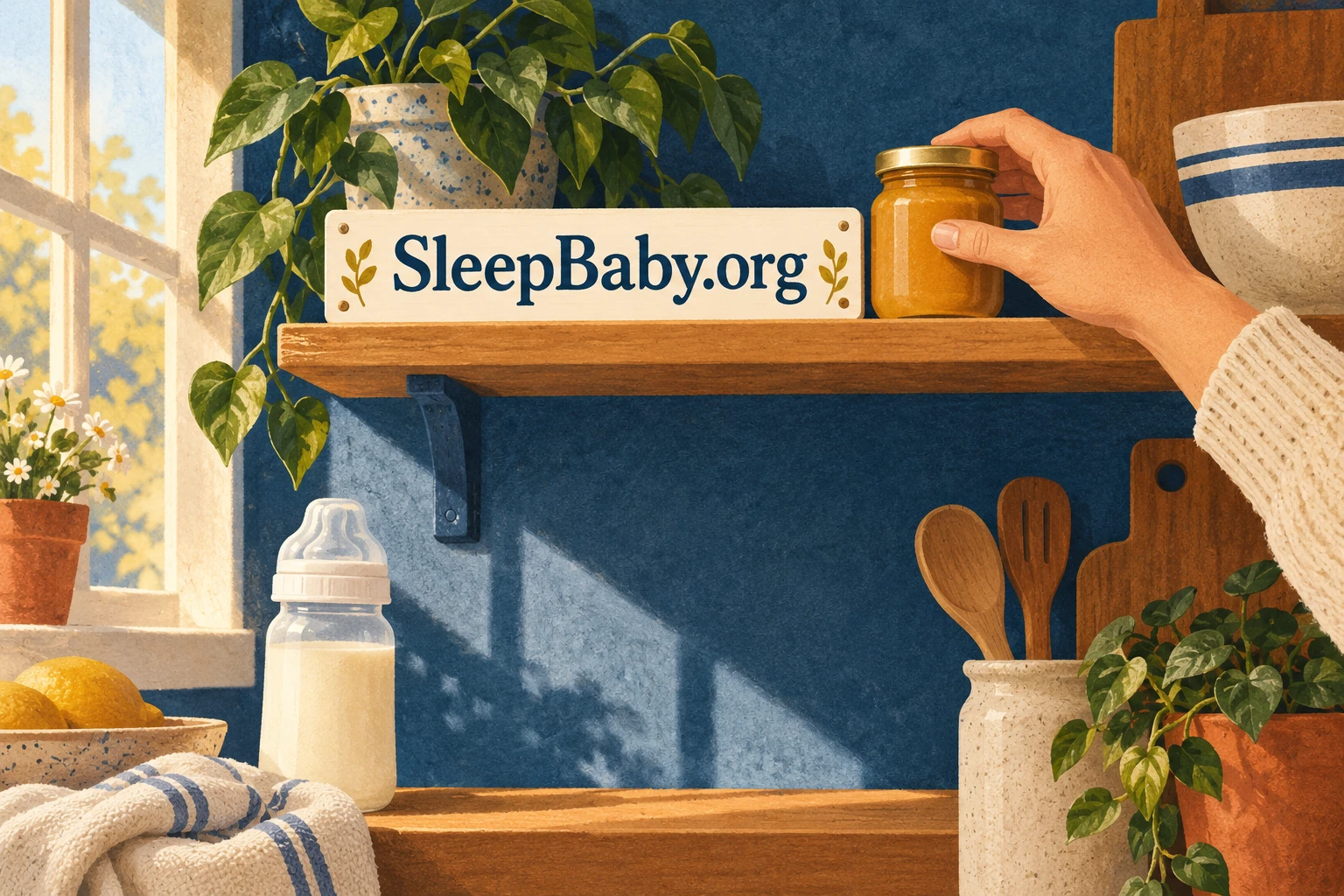 A caregiver puts a closed baby-food jar on a shelf above a feeding bottle.