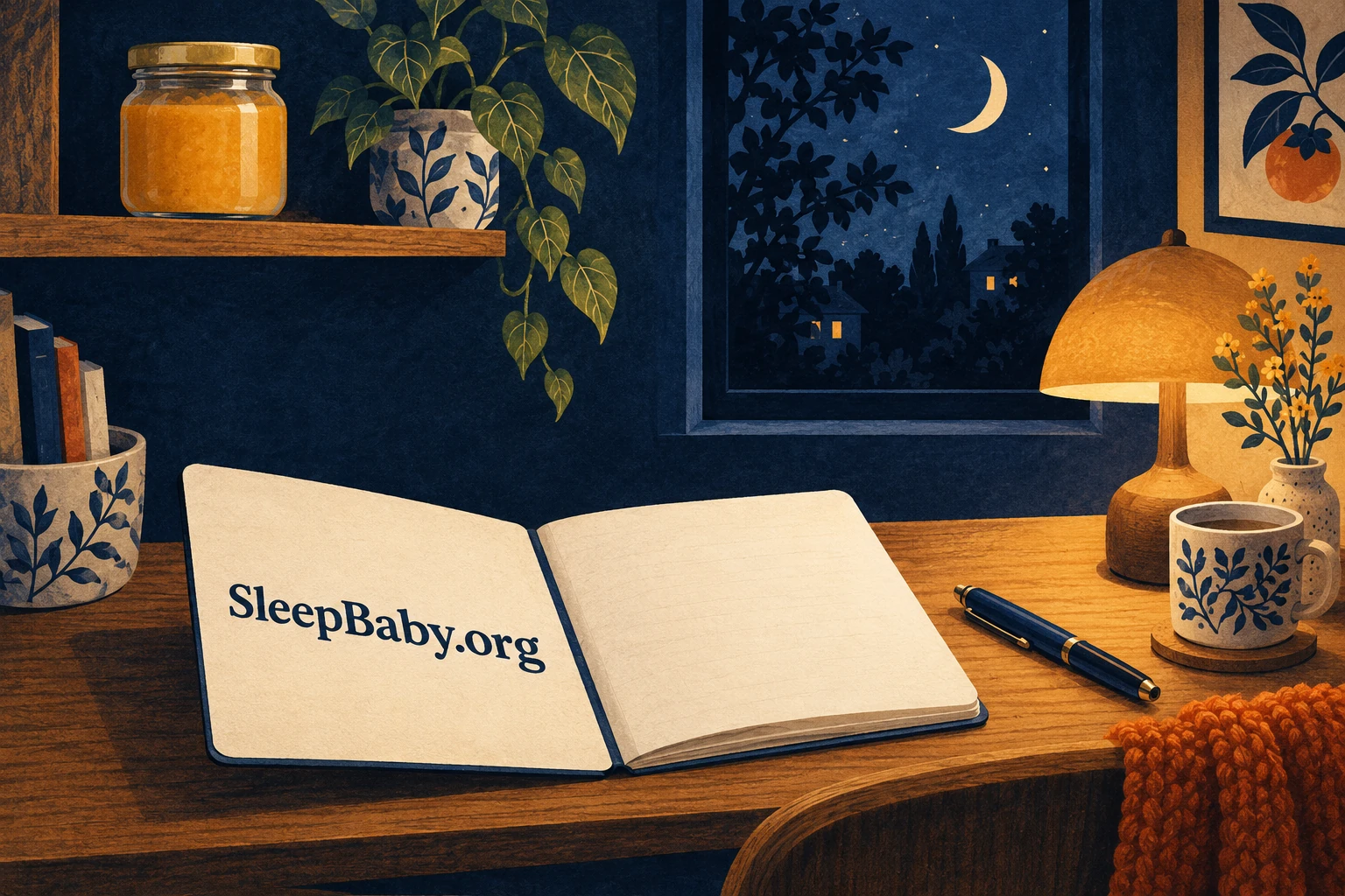 A closed jar on a shelf above a notebook and lamp beside a dark evening window.