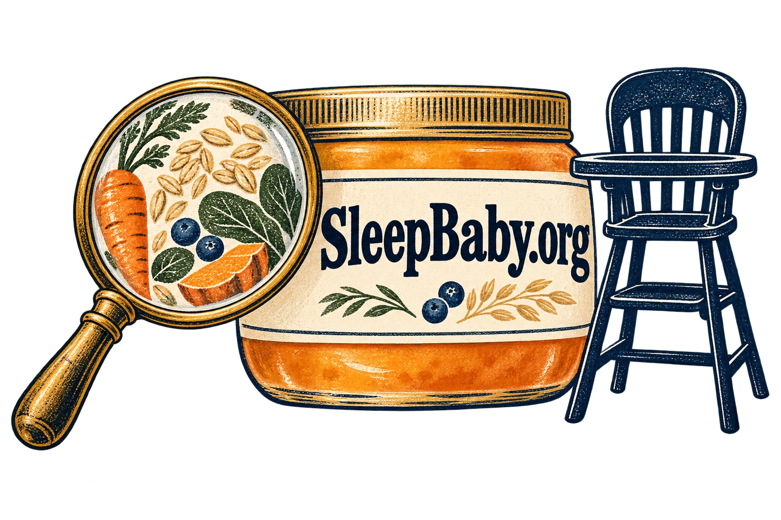 A magnifying glass beside a jar label and an empty high-chair silhouette.