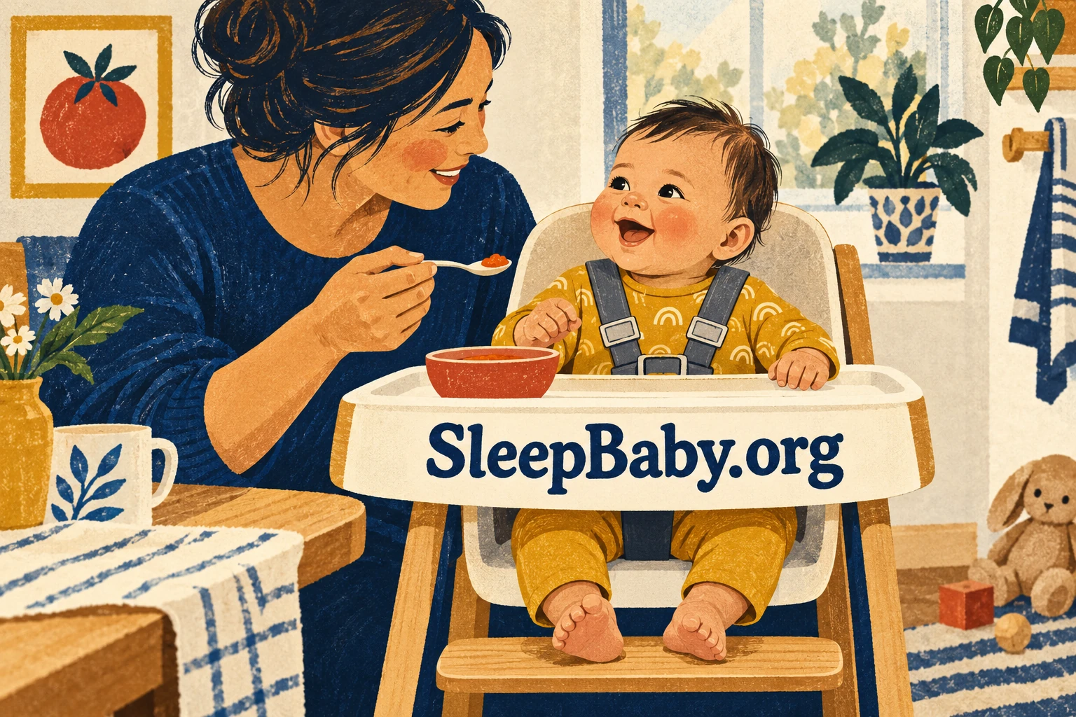 An older baby sits upright in a restrained high chair with foot support beside an attentive caregiver.