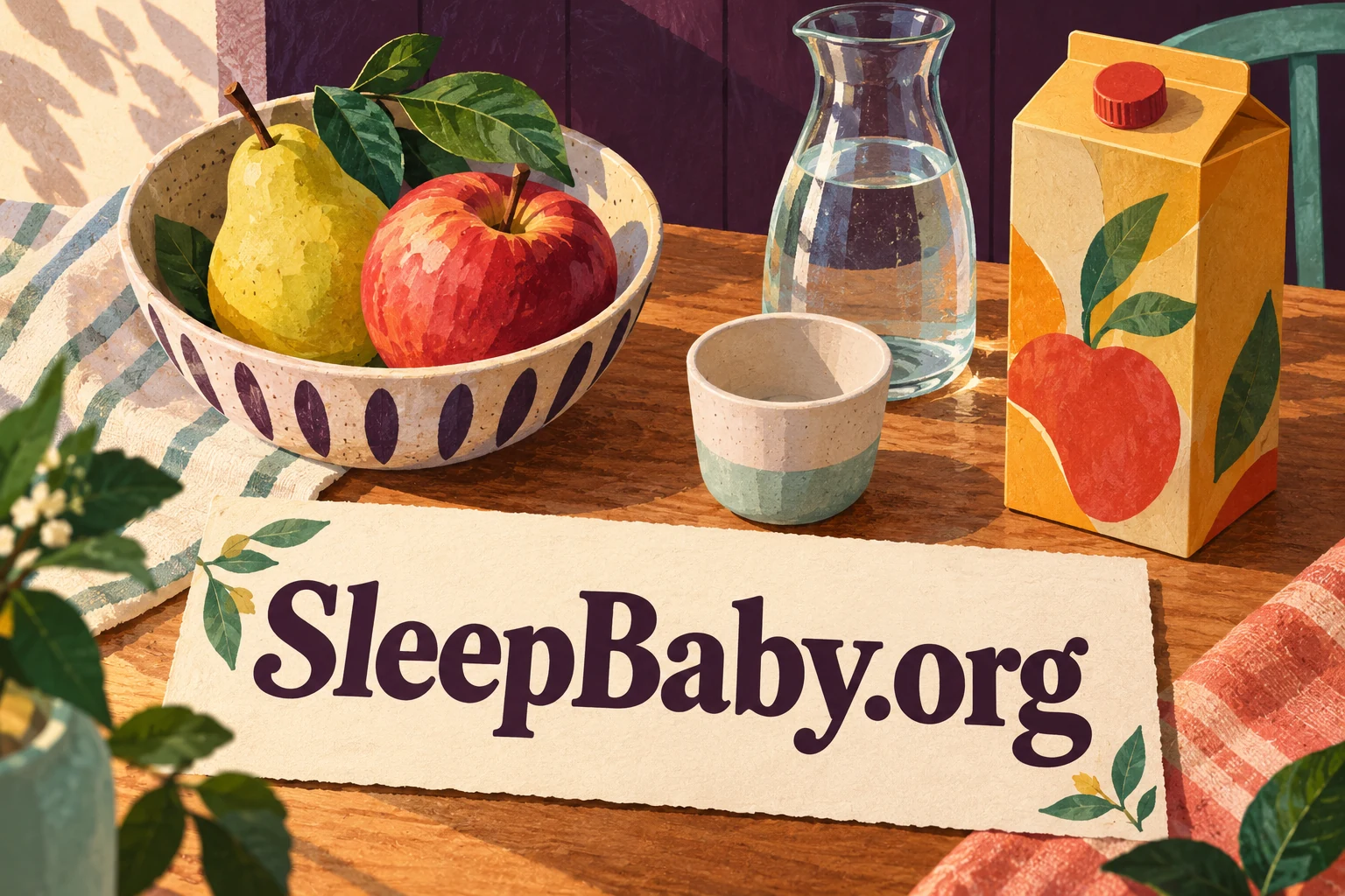 Fruit bowl, water carafe, empty cup and a closed generic juice carton on a kitchen counter. SleepBaby.org appears in the artwork.
