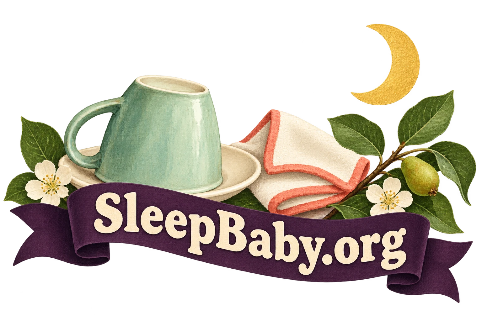 An inverted mint cup, folded towel, pear leaves and a golden crescent sit behind a plum ribbon. SleepBaby.org appears in the artwork.