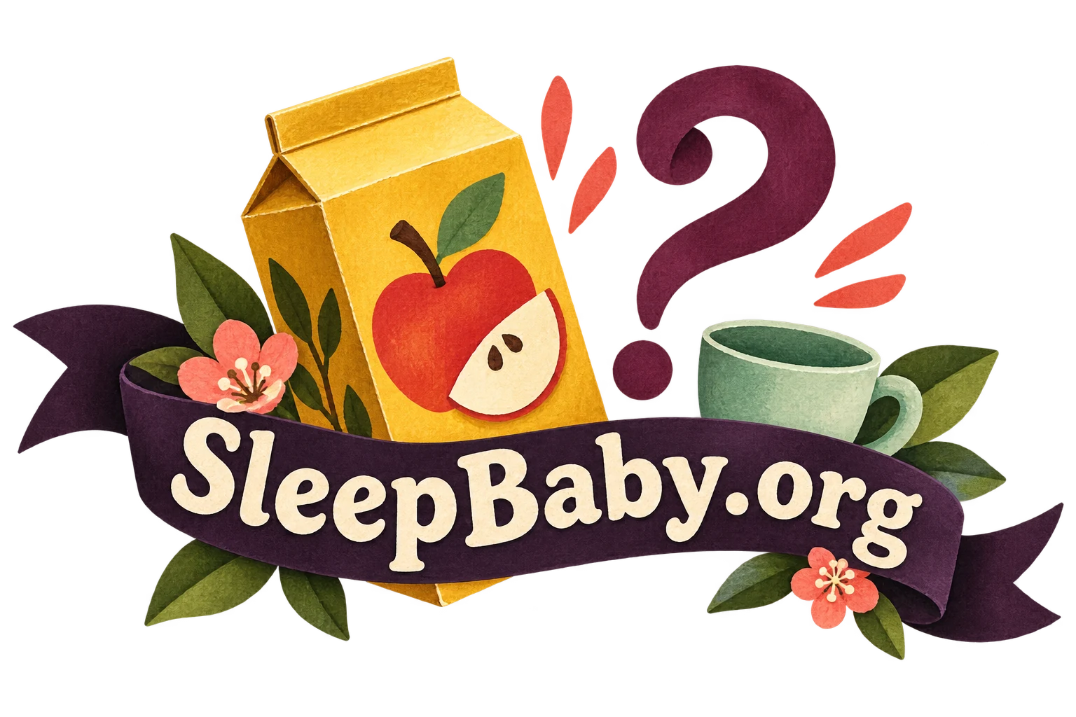 A juice carton, cup and question mark sit behind a plum ribbon. SleepBaby.org appears in the artwork.