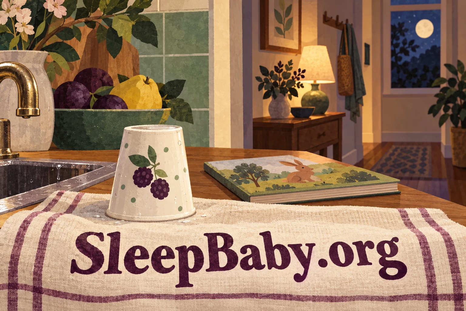 A rinsed cup dries upside down beside a closed picture book, with a lamp glowing in the evening. SleepBaby.org appears in the artwork.