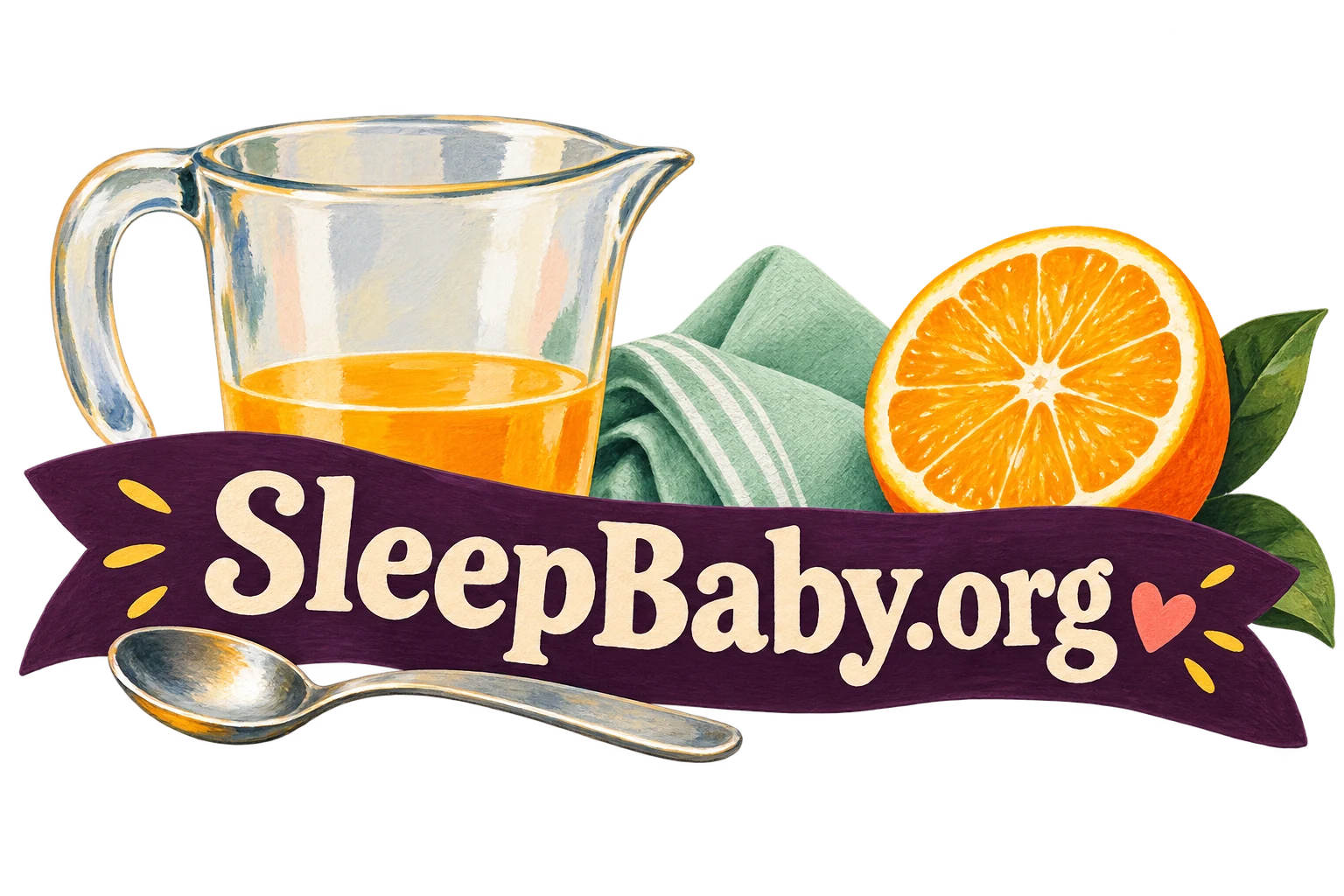 A jug, spoon, folded mint cloth and orange half sit behind a plum ribbon. SleepBaby.org appears in the artwork.