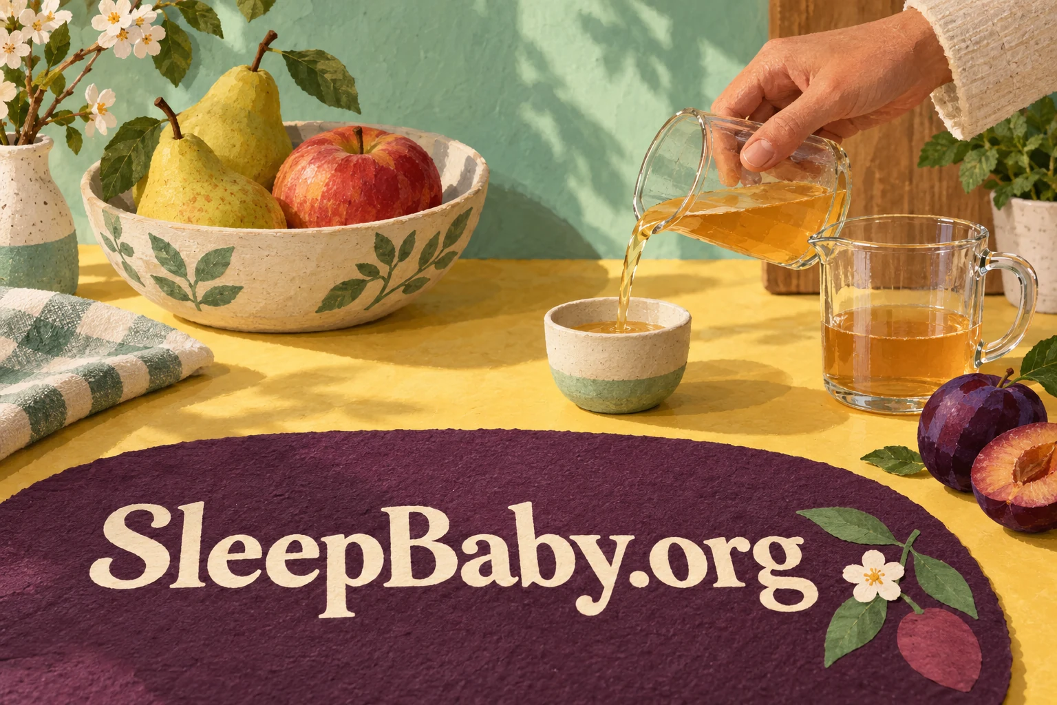 An adult pours a small amount of amber juice into an open cup beside a glass jug. SleepBaby.org appears in the artwork.