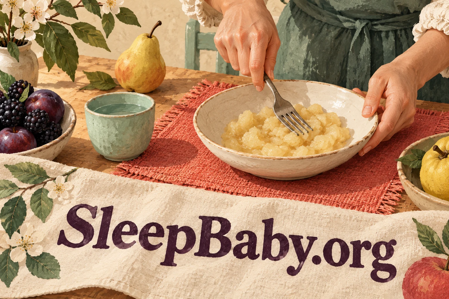Adult hands mash soft cooked pear in a bowl beside a small cup of water. SleepBaby.org appears in the artwork.