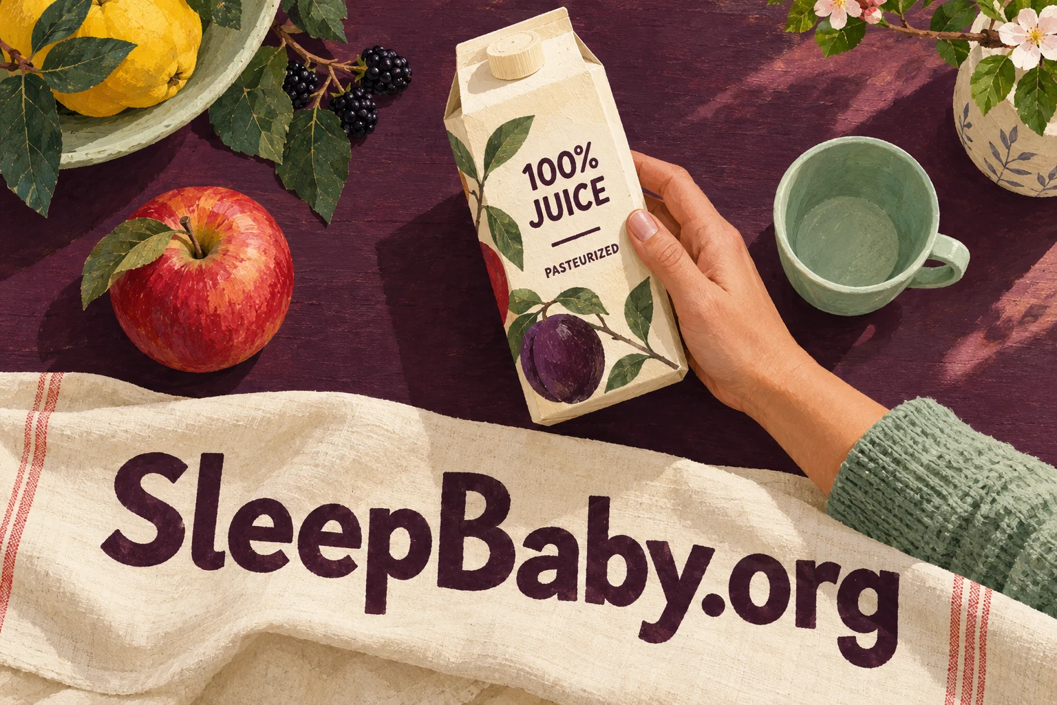An adult holds an illustrated carton labeled 100% juice and pasteurized beside an empty cup. SleepBaby.org appears in the artwork.