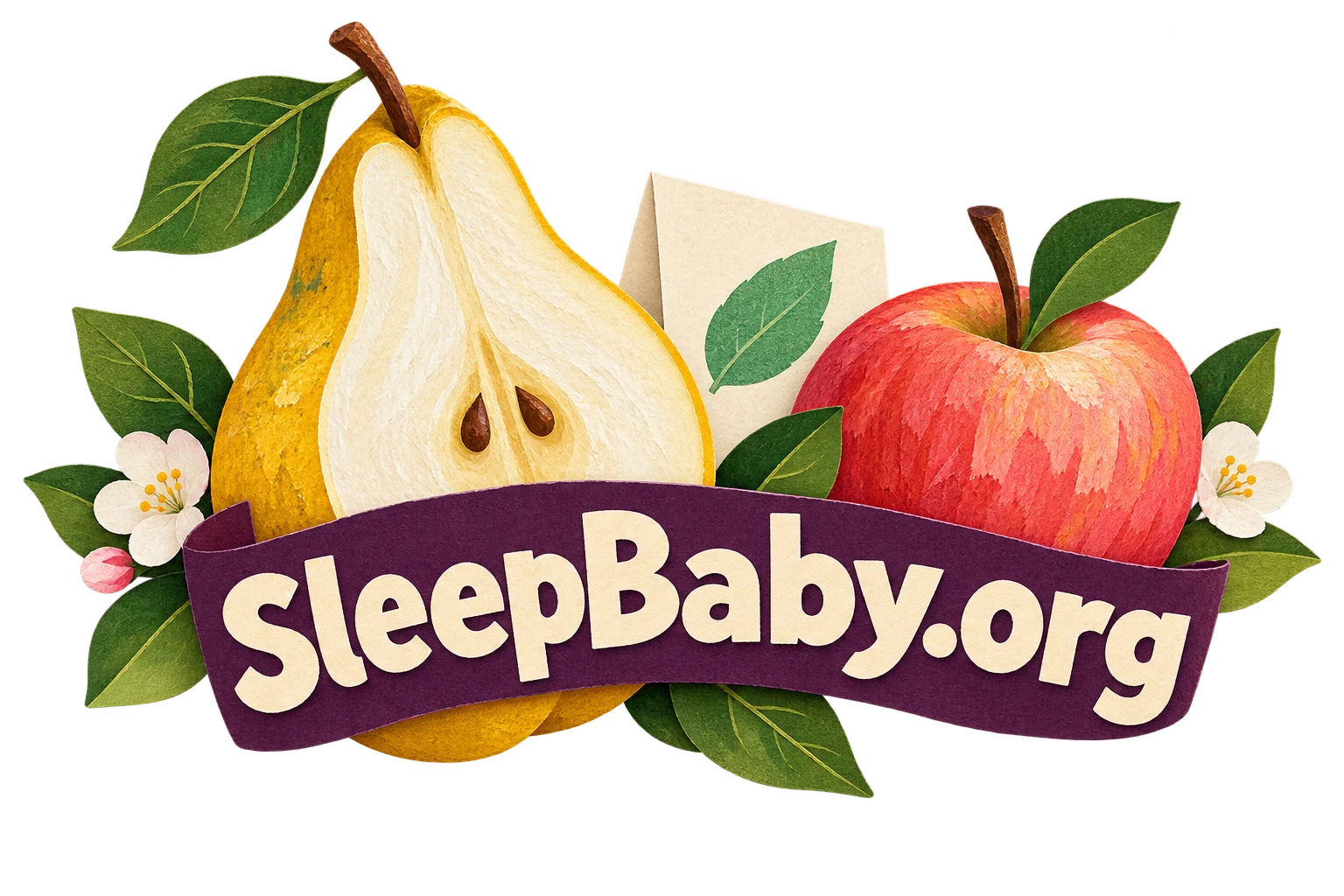 A pear cutaway, apple and leaf card rest behind a plum ribbon. SleepBaby.org appears in the artwork.