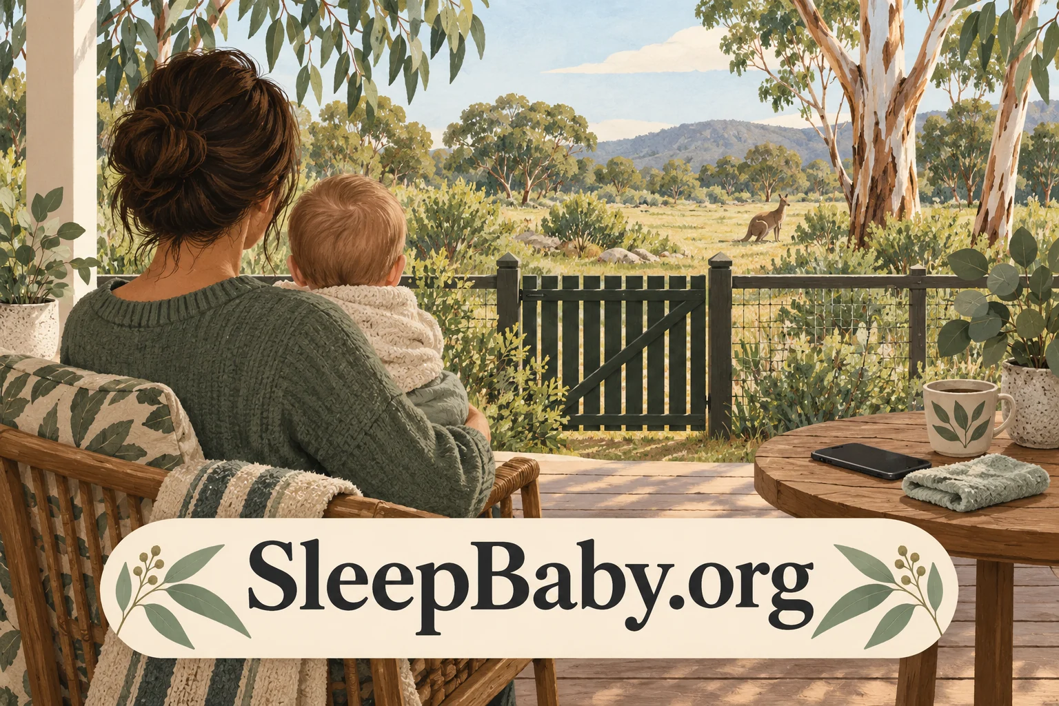 Parent holding baby on a veranda behind a closed garden gate. SleepBaby.org illustration.