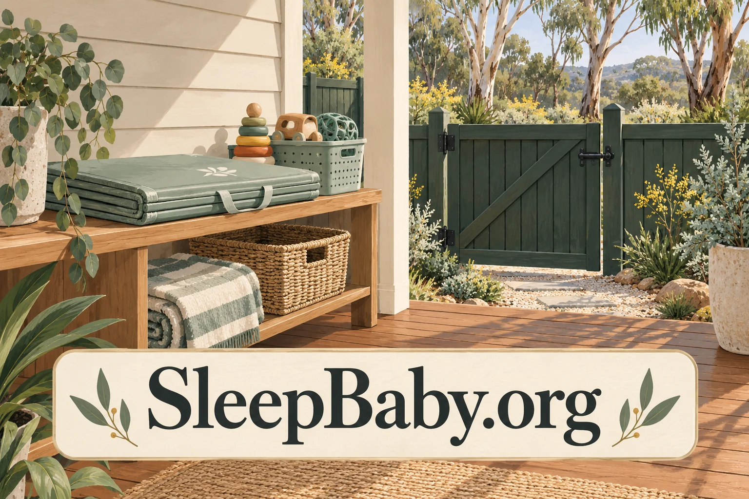 Folded play mat and toys on a veranda beside a closed garden gate. SleepBaby.org illustration.