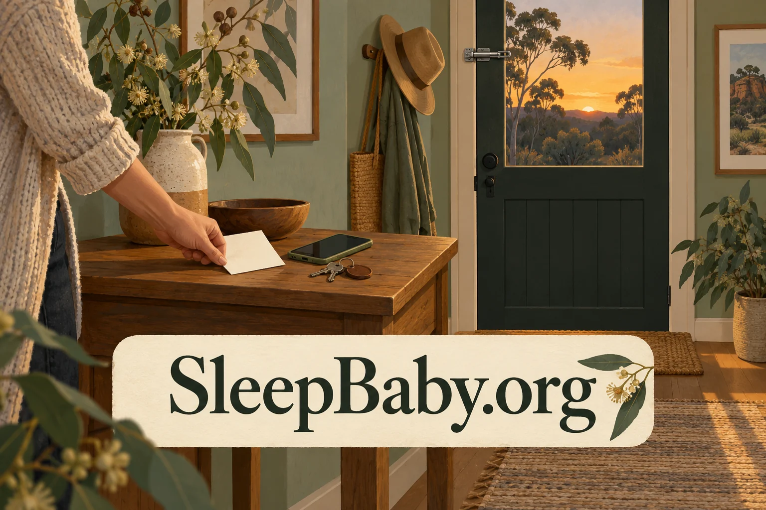 Adult placing a care note beside a phone near a closed garden door. SleepBaby.org illustration.