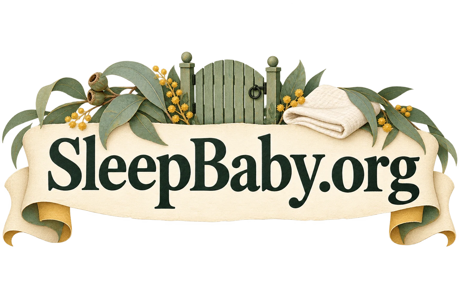 Garden gate eucalyptus leaves and clean cloth on a cream ribbon. SleepBaby.org illustration.