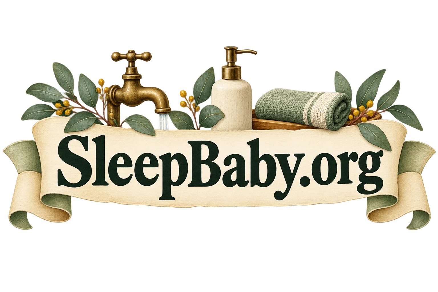 Tap soap and folded towel on a cream ribbon. SleepBaby.org illustration.