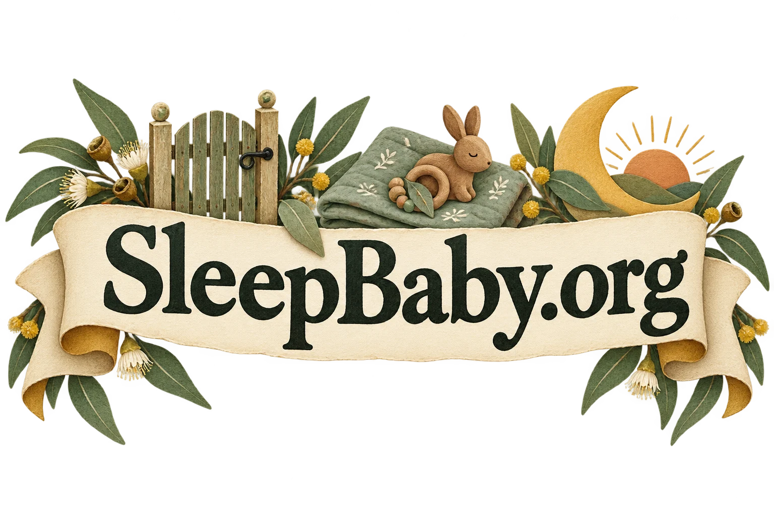 Closed garden gate folded play mat and sunset on a cream ribbon. SleepBaby.org illustration.
