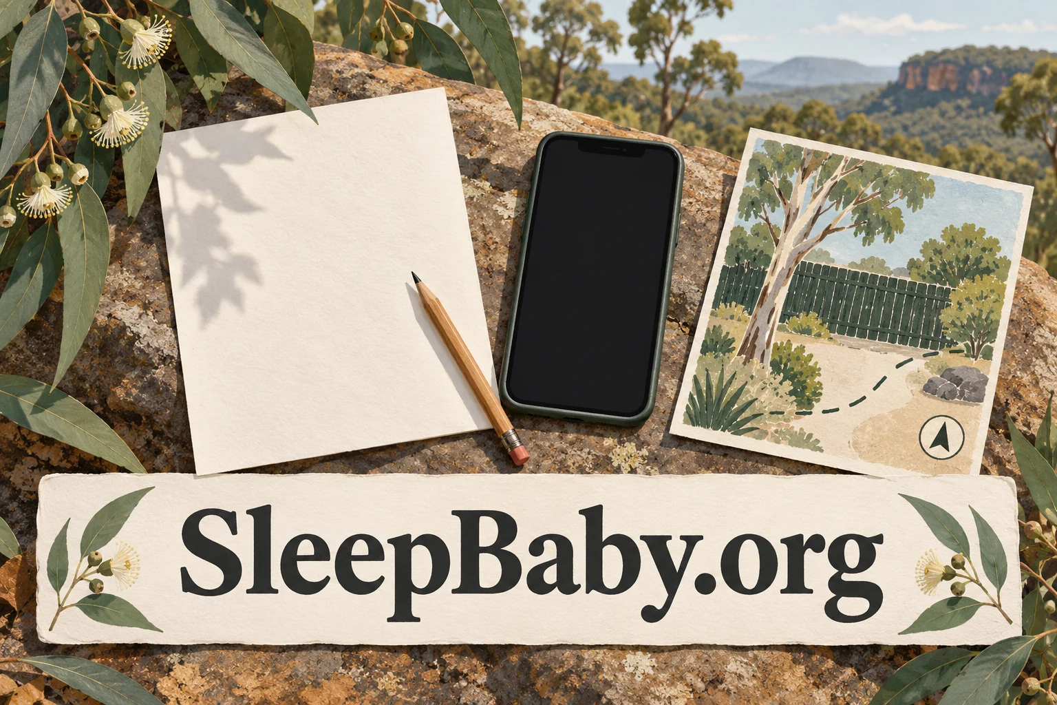 Blank note phone and illustrated garden location card. SleepBaby.org illustration.
