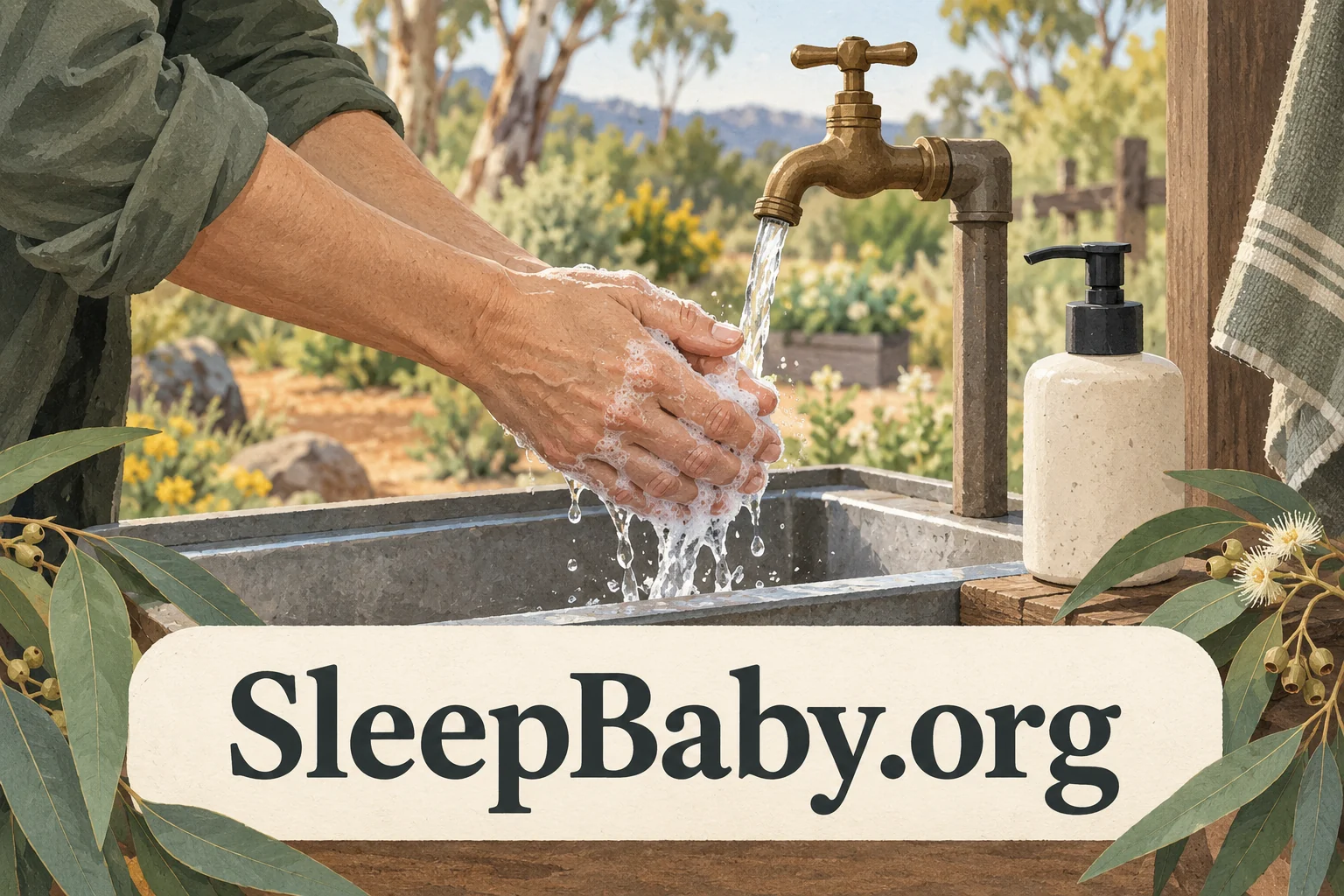 Adult washing hands with soap at an outdoor sink. SleepBaby.org illustration.