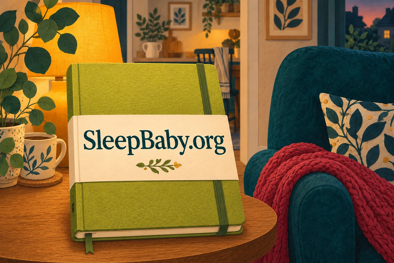 A household notebook beside a lamp and armchair. SleepBaby.org illustration.