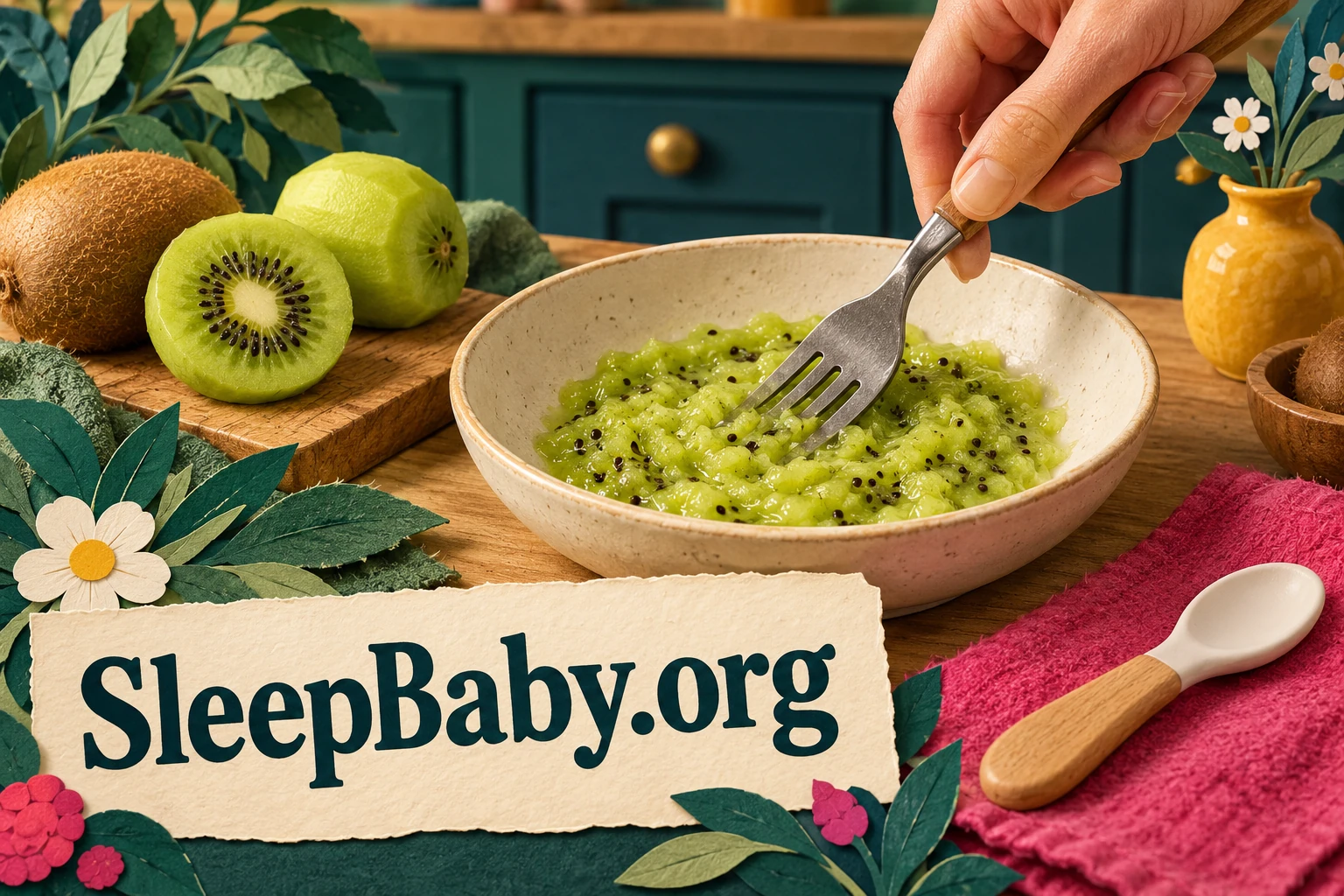 A fork mashing soft peeled kiwi in a bowl. SleepBaby.org illustration.