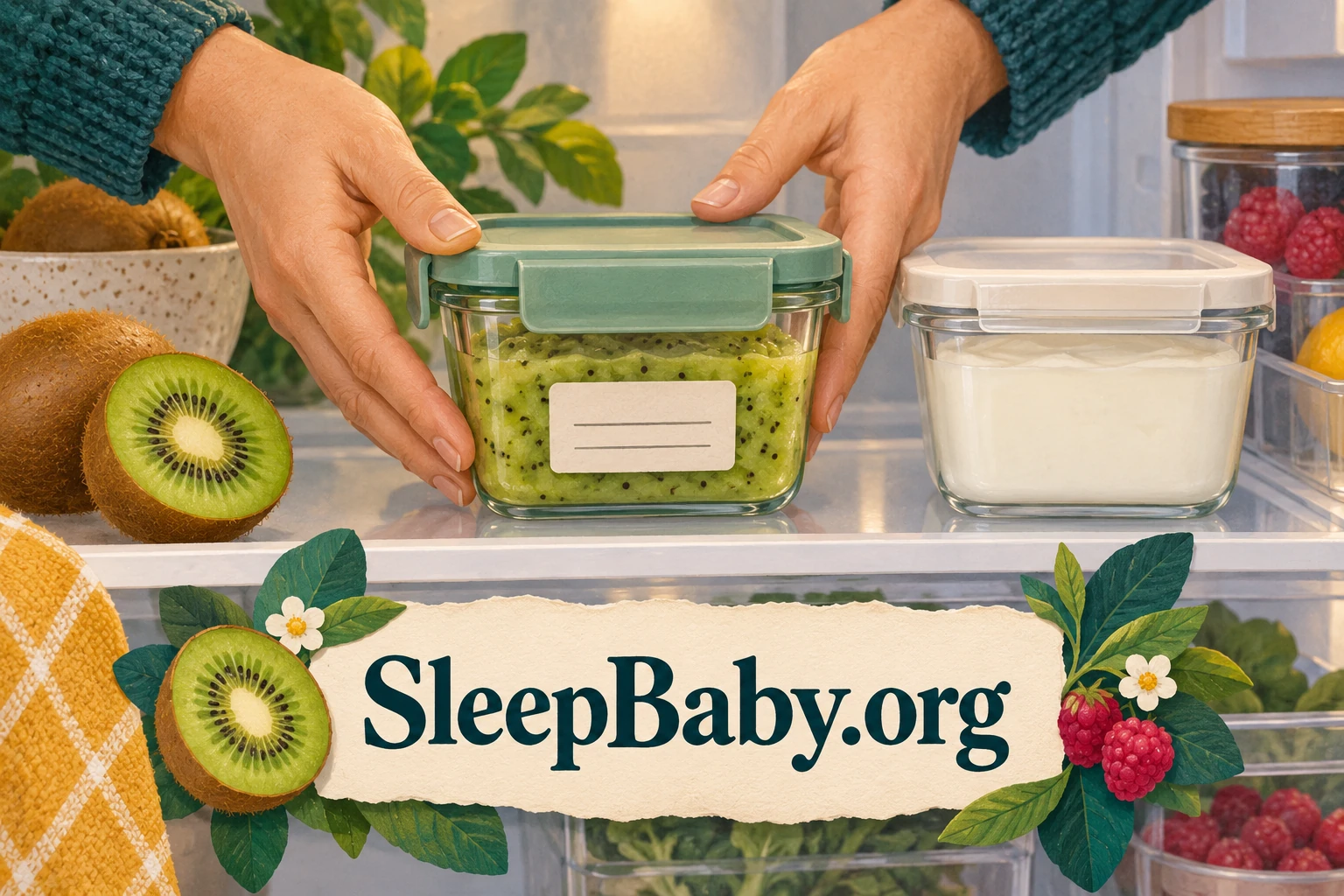 Adult hands storing a closed container of kiwi mash. SleepBaby.org illustration.
