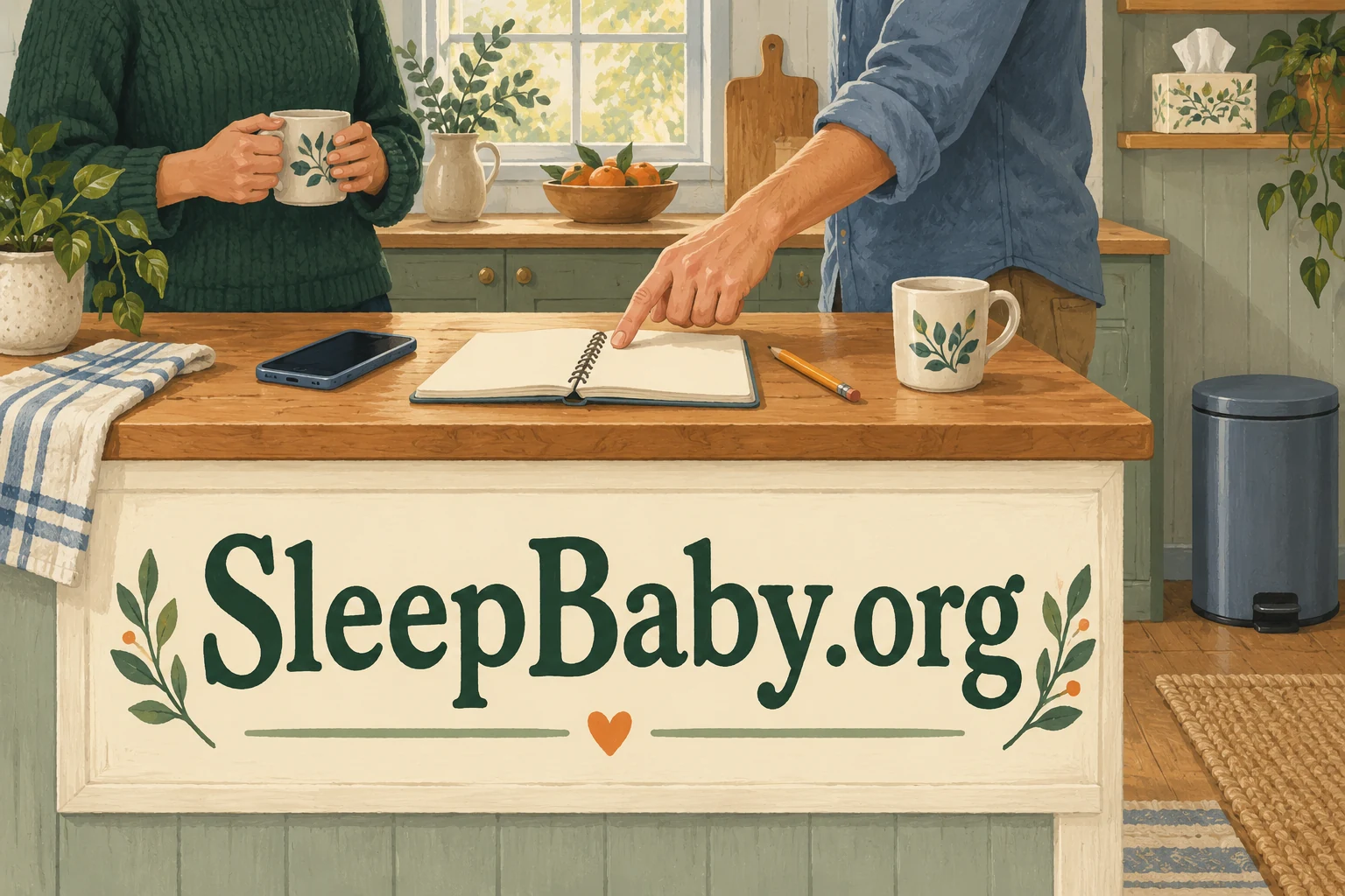 Adult hands point to a blank notebook beside a phone, with tissues on a shelf. SleepBaby.org appears in the artwork.