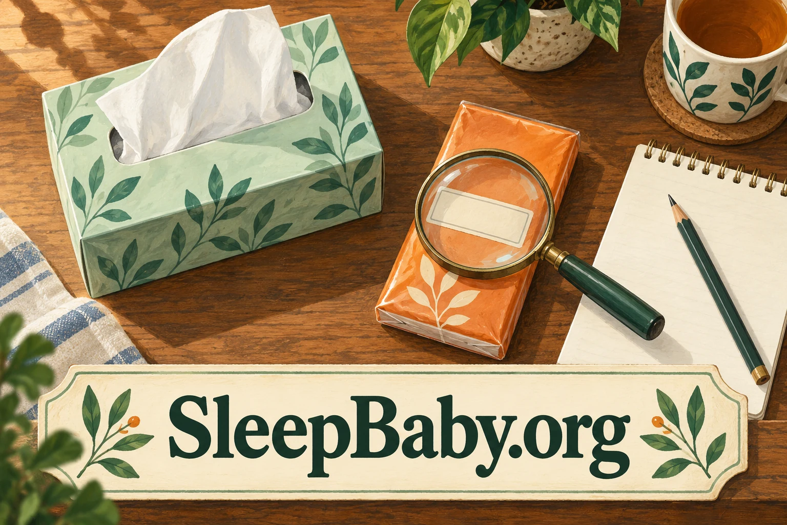 A tissue box, closed packet, magnifying glass, blank notebook and pencil on a table. SleepBaby.org appears in the artwork.