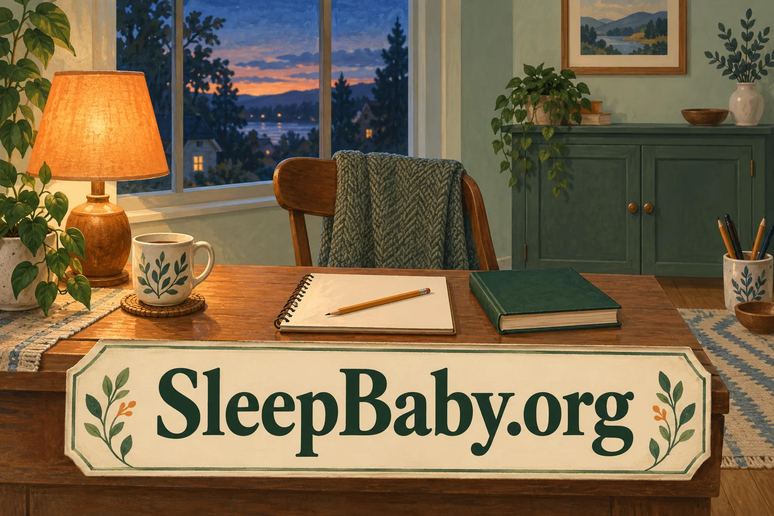 An empty writing desk with a lamp, notebook and plain book beside a dusk window. SleepBaby.org appears in the artwork.