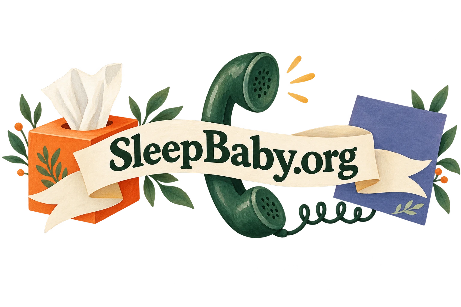 A cream ribbon connects a tissue box, telephone handset and blank note. SleepBaby.org appears in the artwork.