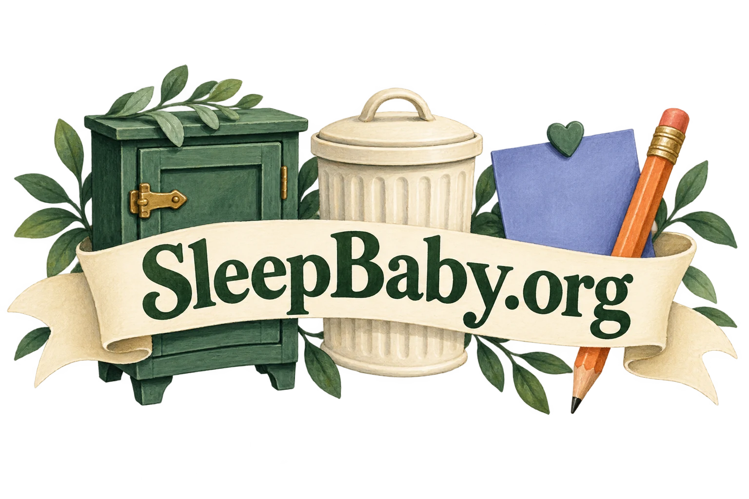 A cream ribbon connects a latched cabinet, lidded bin, pencil and blank note. SleepBaby.org appears in the artwork.