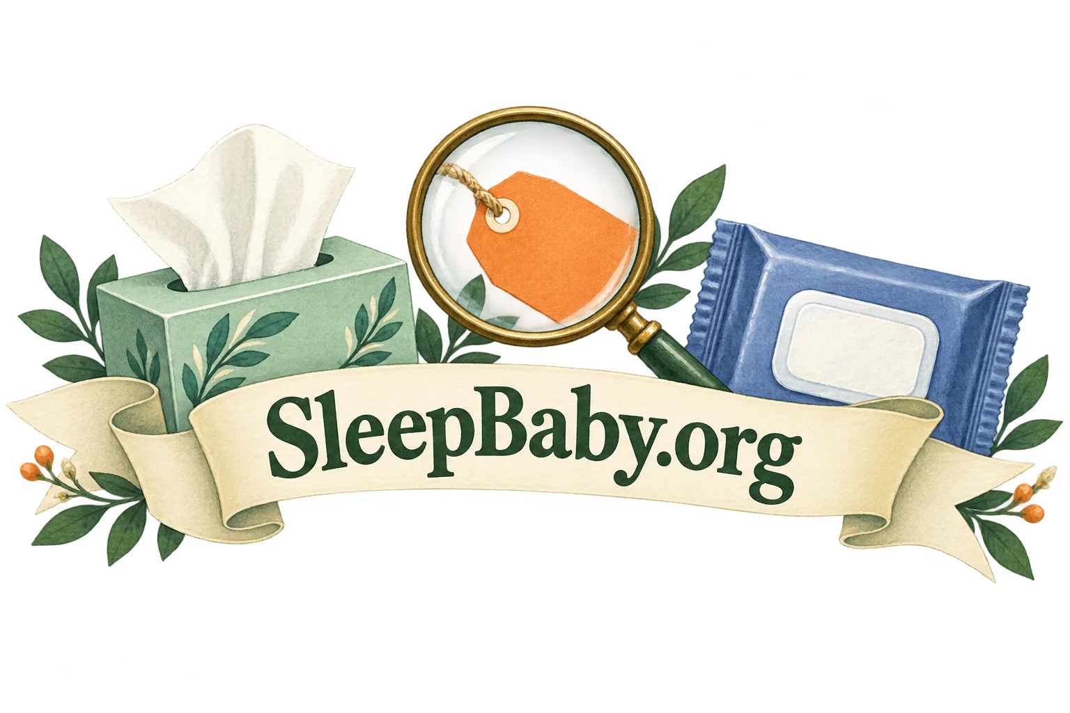 A cream ribbon links a tissue box, magnifier, label and sealed packet. SleepBaby.org appears in the artwork.