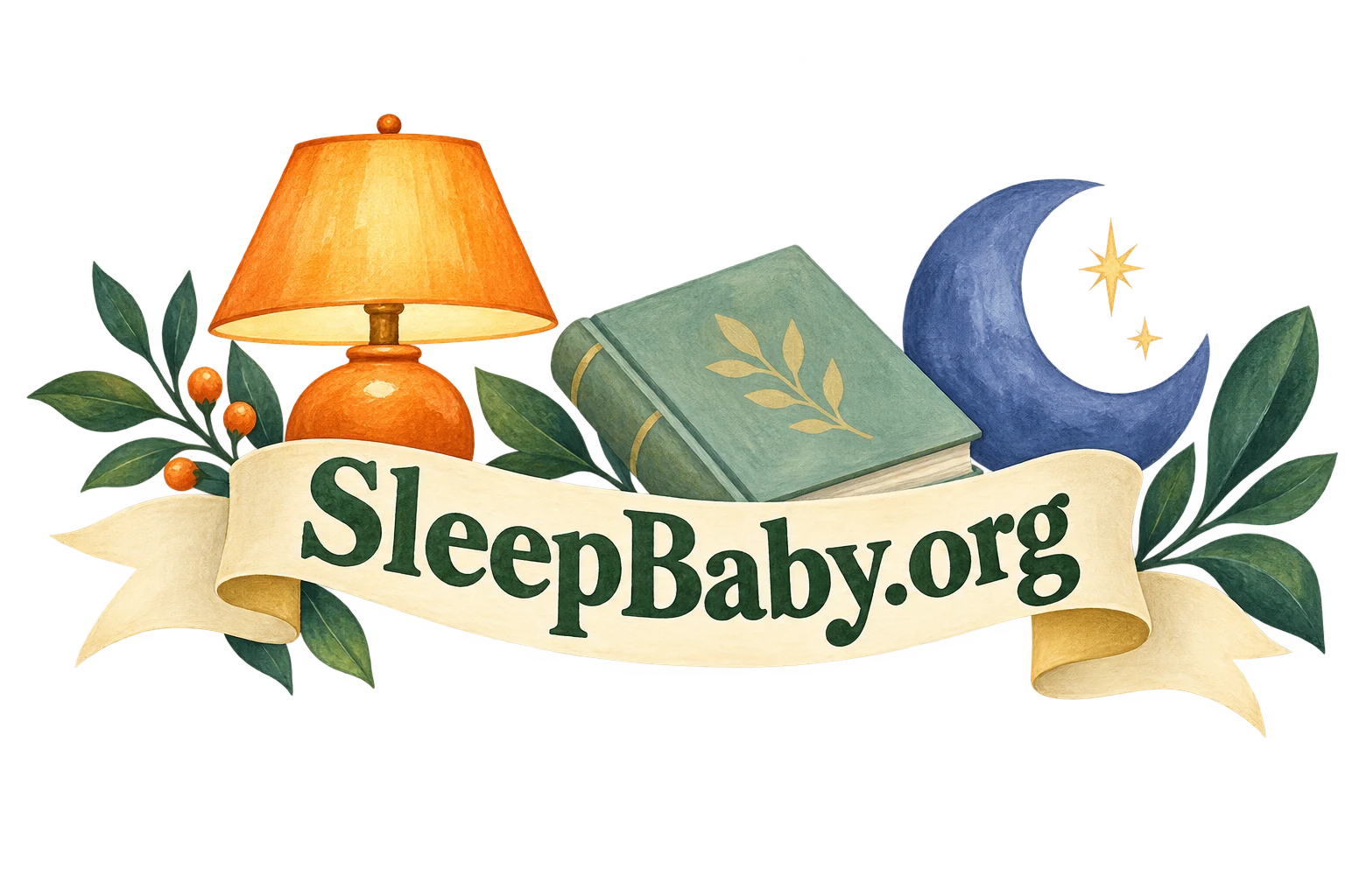 A cream ribbon connects a lamp, book, moon and leaf shapes. SleepBaby.org appears in the artwork.
