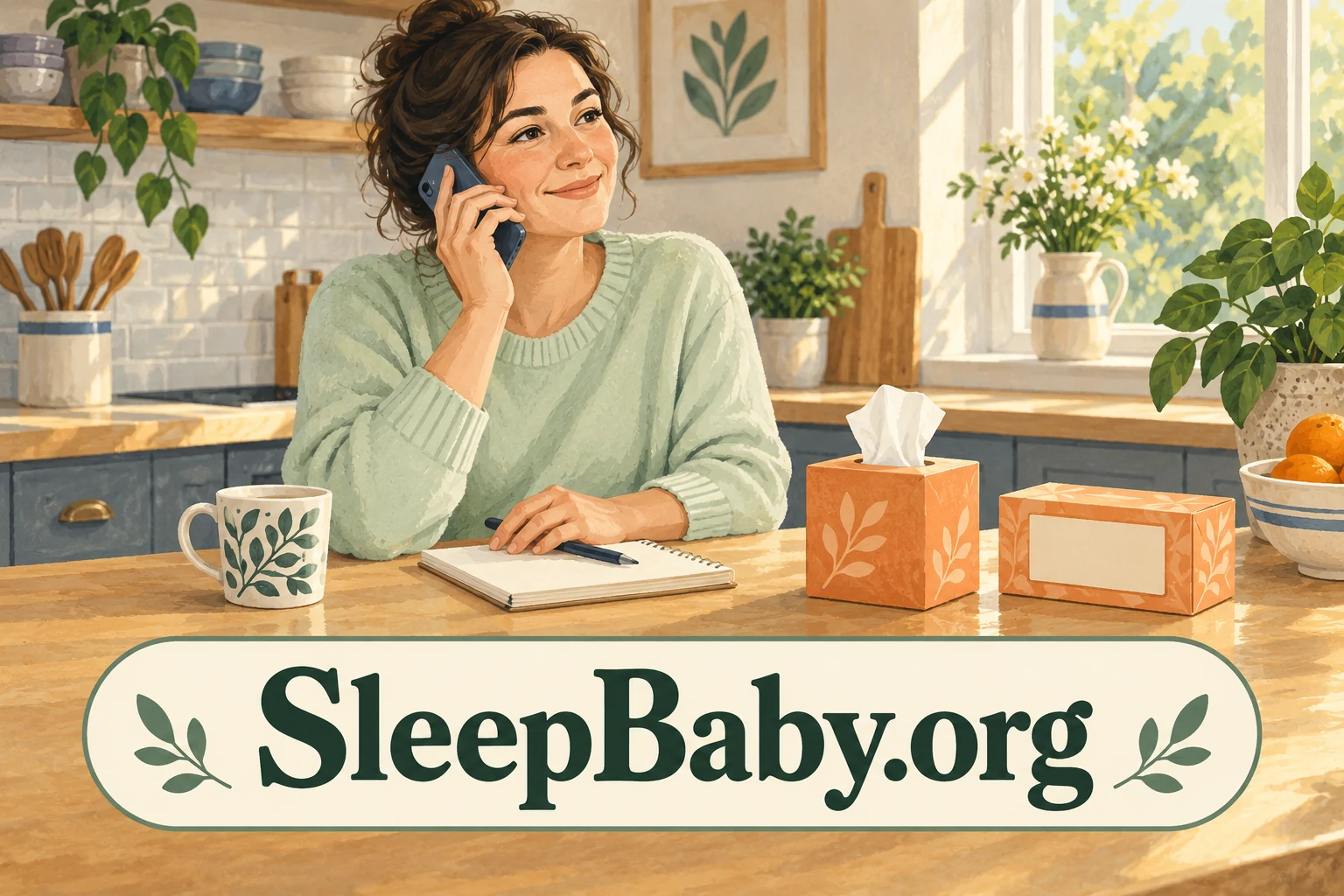 An adult on the phone at a kitchen counter beside a tissue box, packet and notepad. SleepBaby.org appears in the artwork.