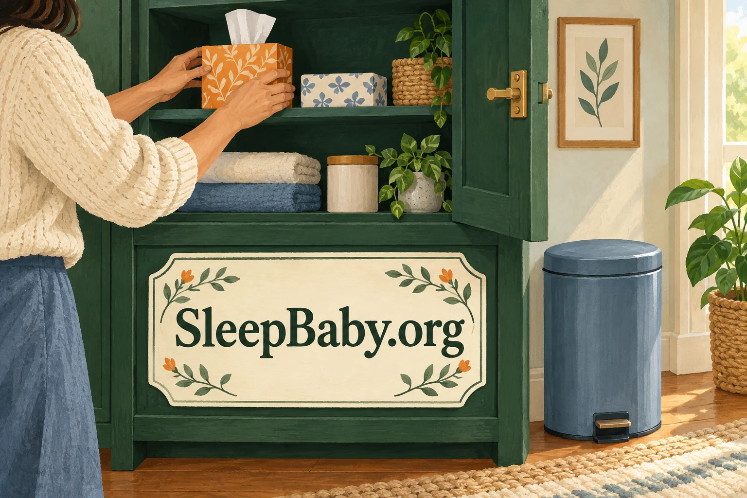 Adult hands put tissues in a high cabinet beside a lidded wastebin. SleepBaby.org appears in the artwork.