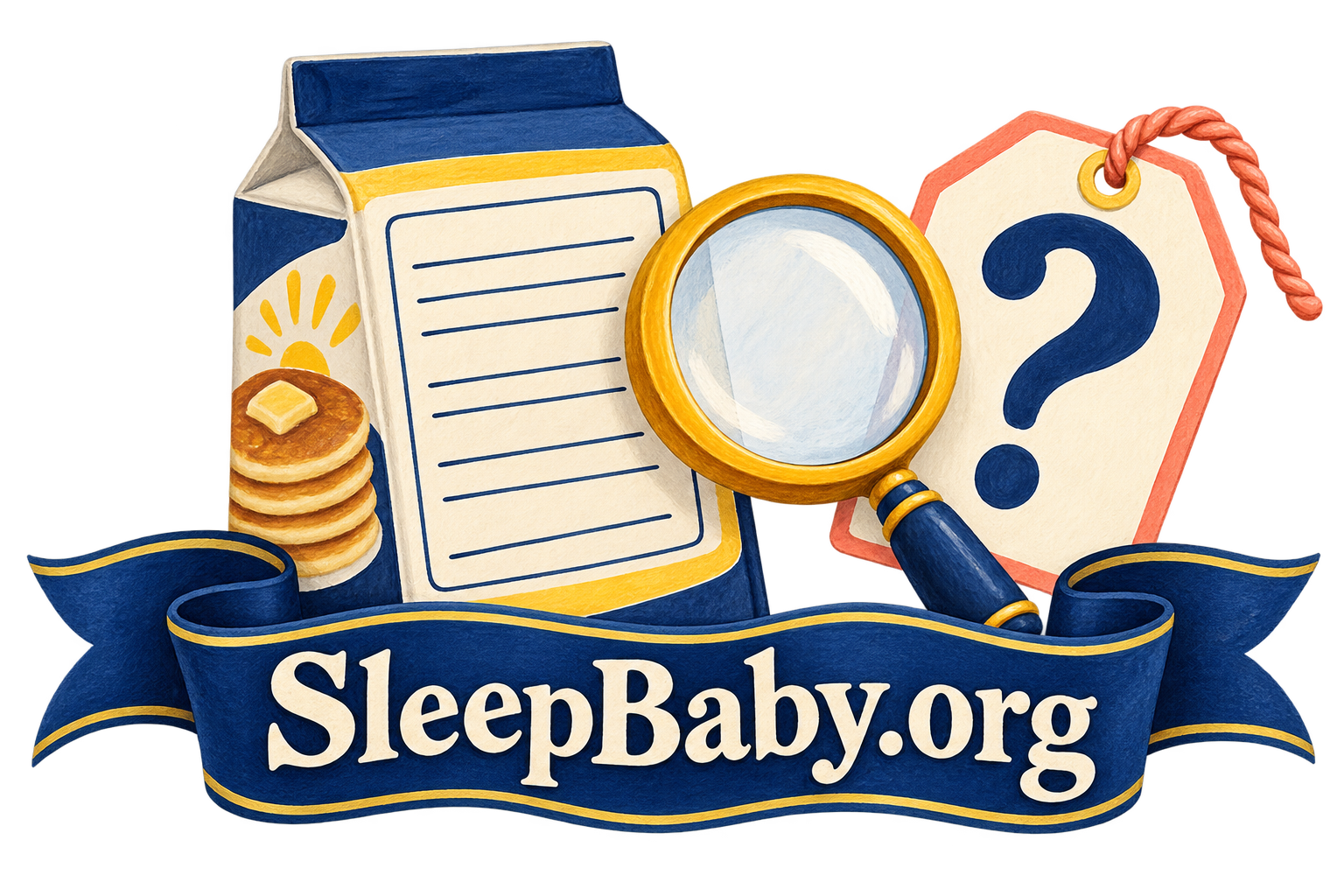 A generic pancake carton, magnifying glass and question-mark tag above a navy ribbon. SleepBaby.org appears in the artwork.