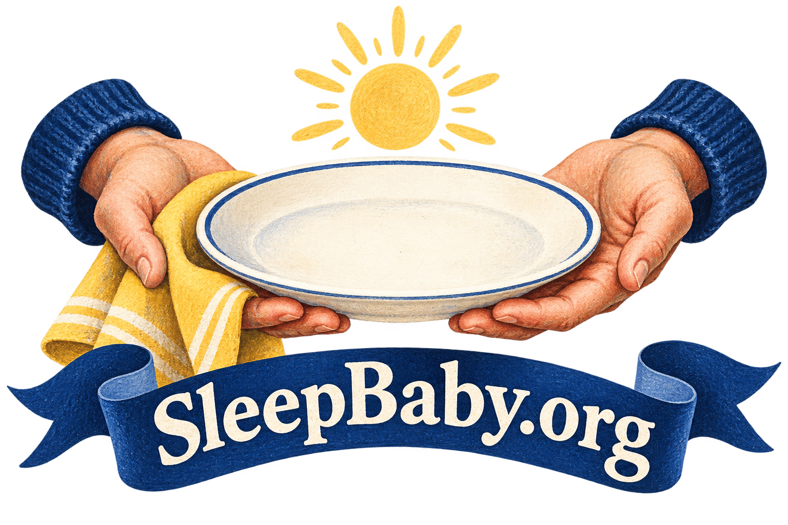 Two adult hands hold an empty plate beside a folded napkin and sun motif above a navy ribbon. SleepBaby.org appears in the artwork.