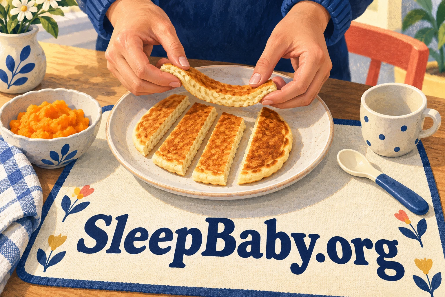 Adult hands gently separate a cooled pancake strip above a plate of broad flat strips. SleepBaby.org appears in the artwork.