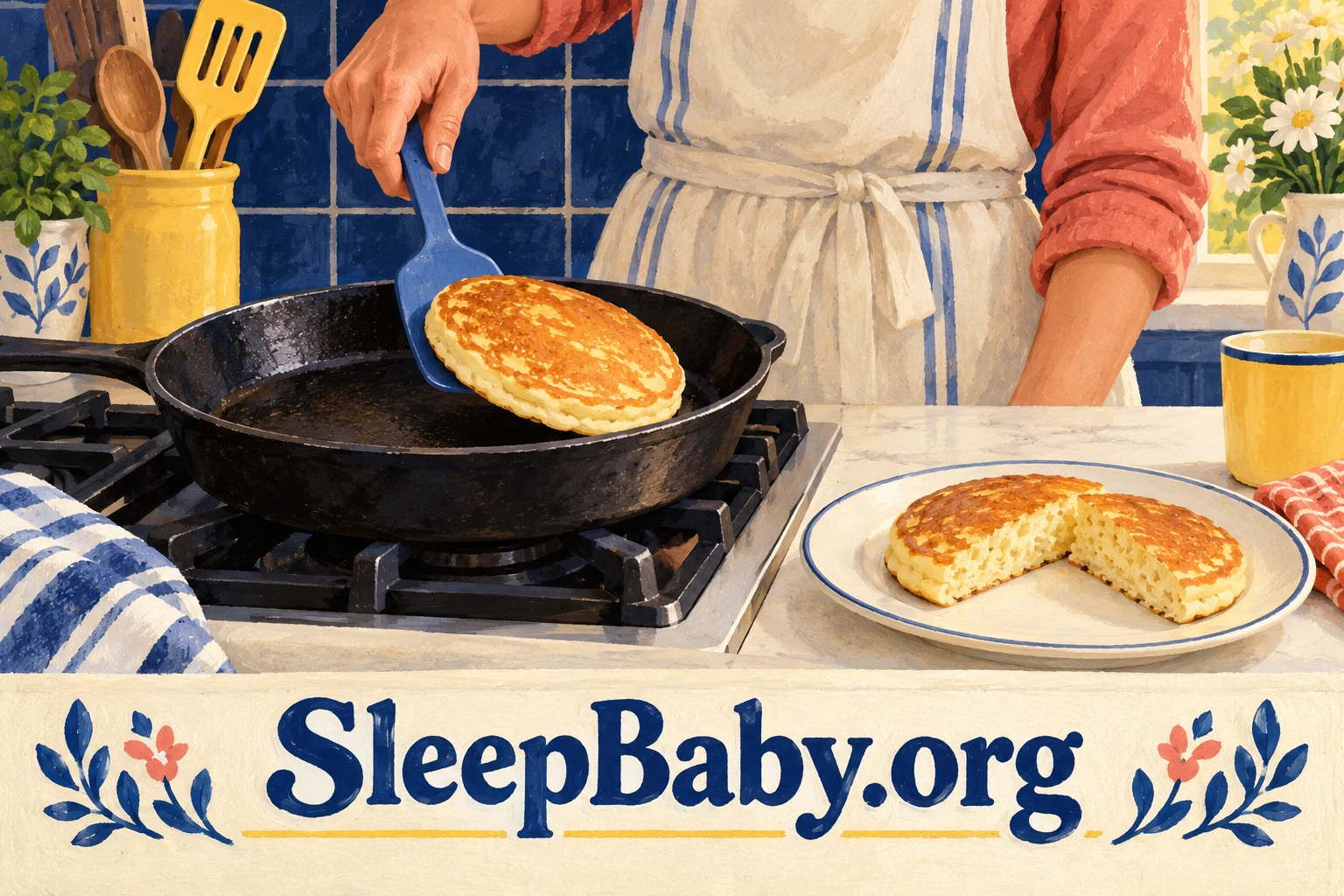 An adult lifts a cooked pancake from a pan beside a cut-open pancake on a preparation plate. SleepBaby.org appears in the artwork.